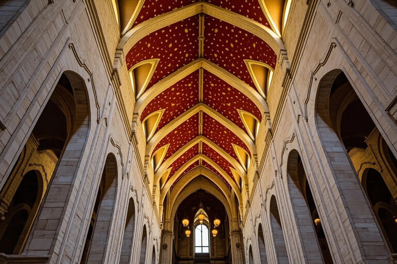 A grand church interior with a barrel-vaulted nave inspired by ancient Roman triumphal arches