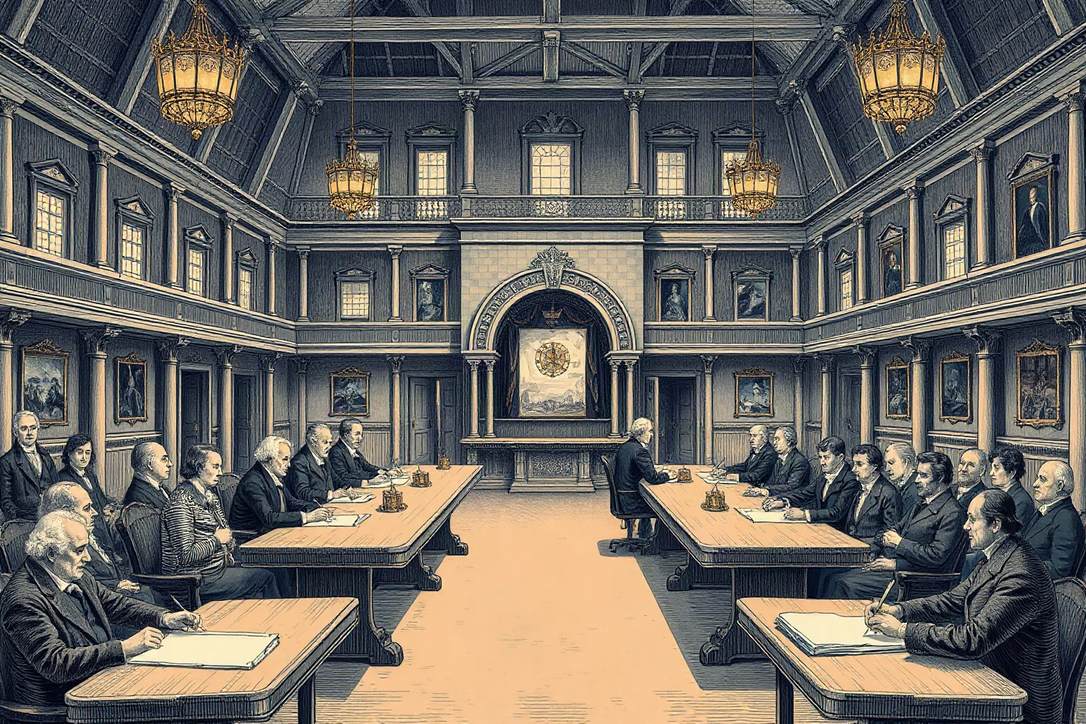 A grand colonial-era meeting hall with delegates seated around tables and quill pens, historical illustration