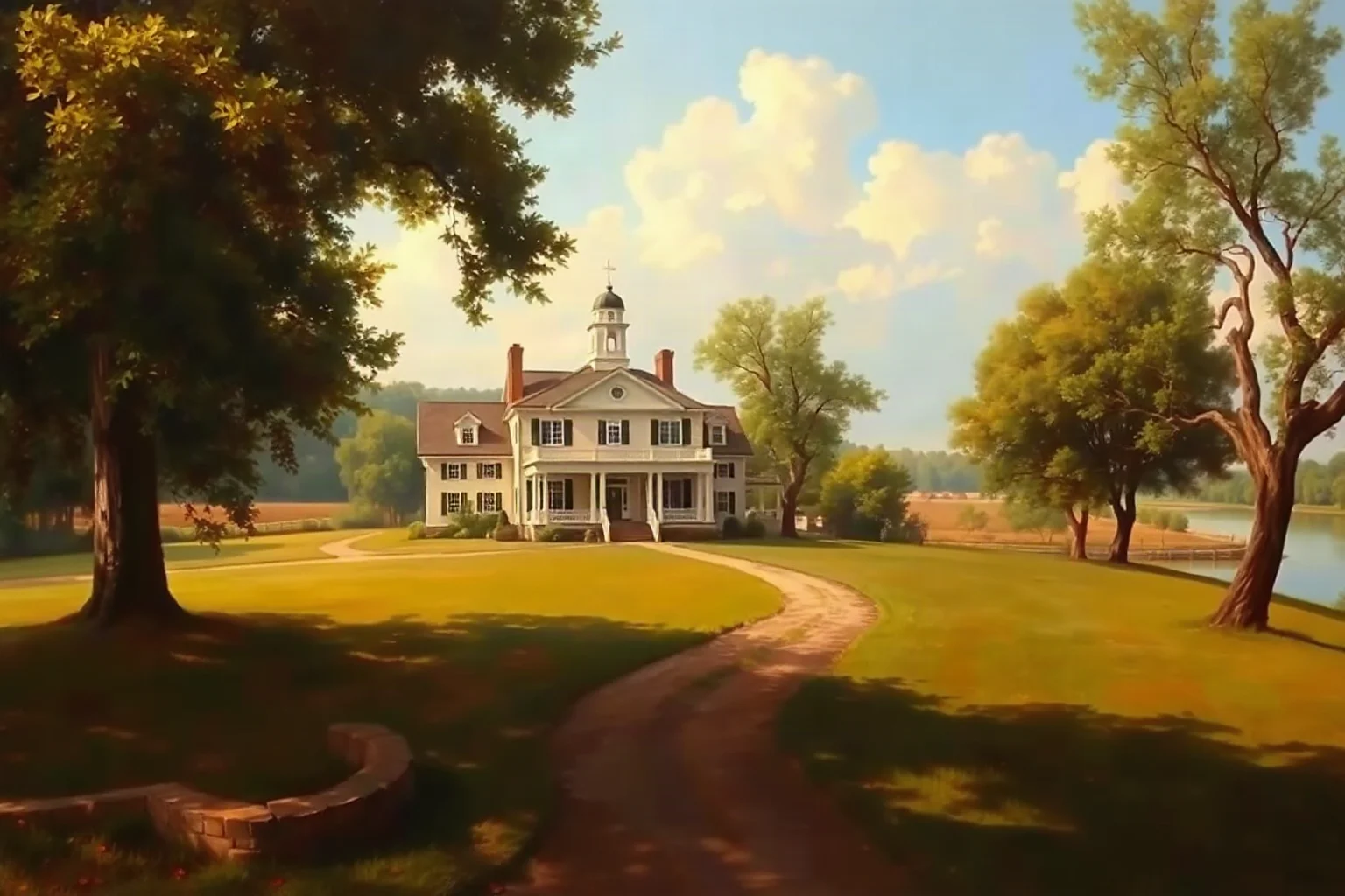 A grand colonial plantation house with manicured lawns and farmland stretching toward a river, historical landscape painting