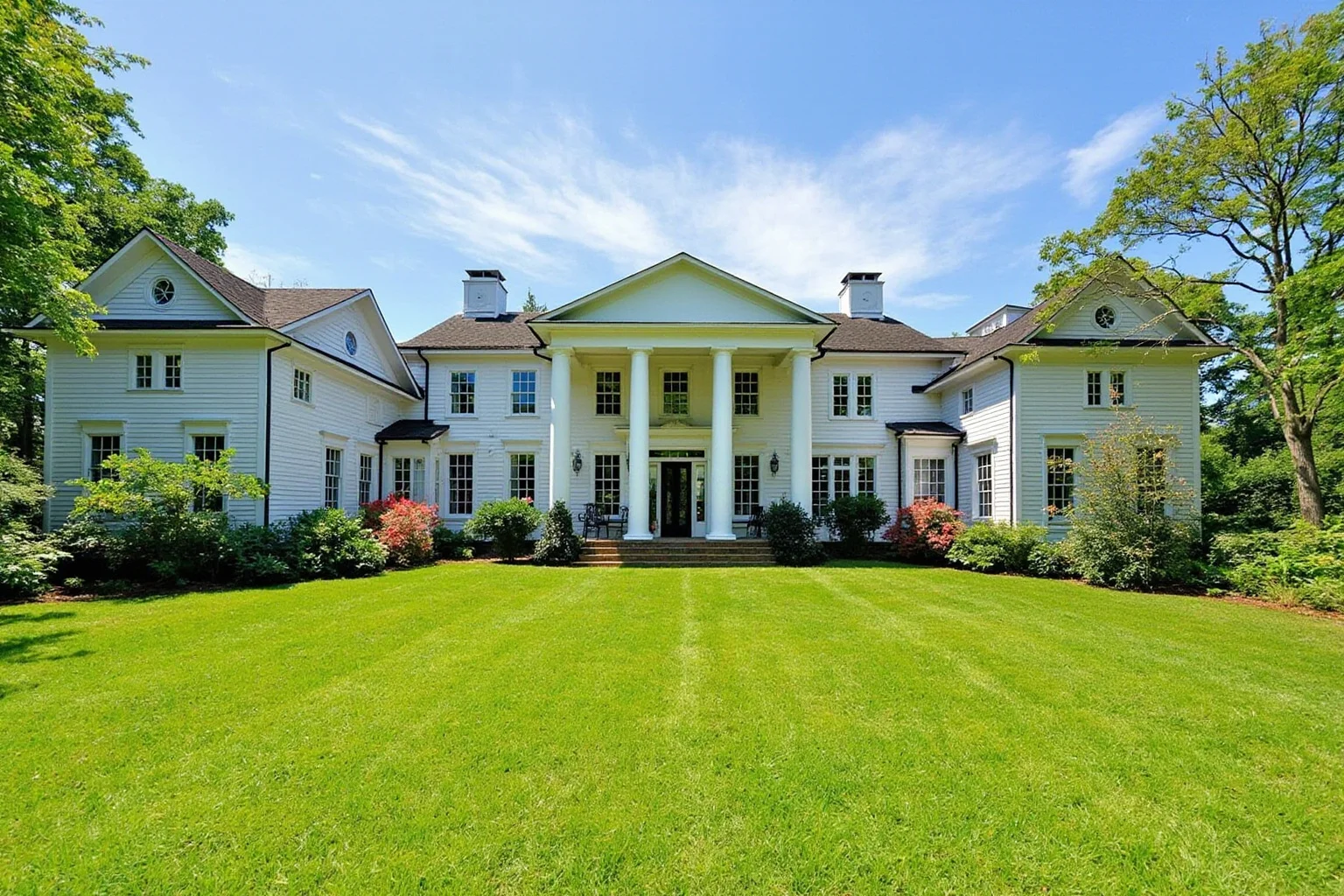 A grand colonial-style Southern mansion with white columns and manicured lawn, evoking a 1950s celebrity estate