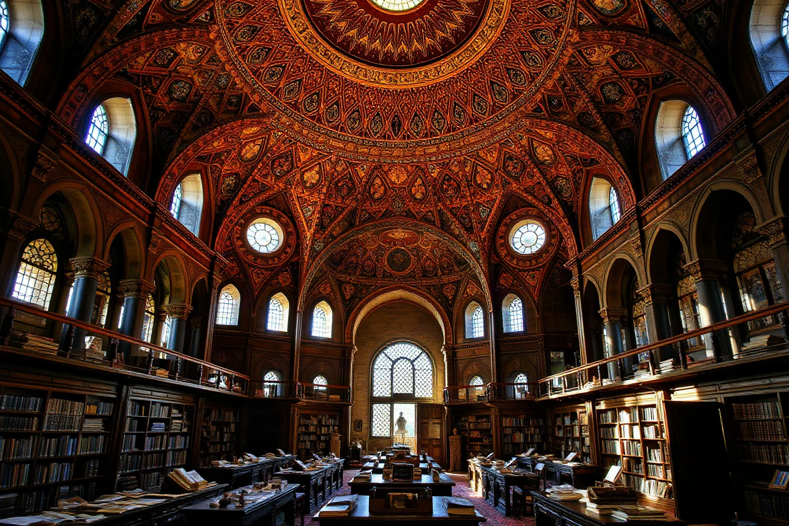 A grand domed library filled with ancient scrolls and scholars, evoking a medieval Islamic Golden Age setting