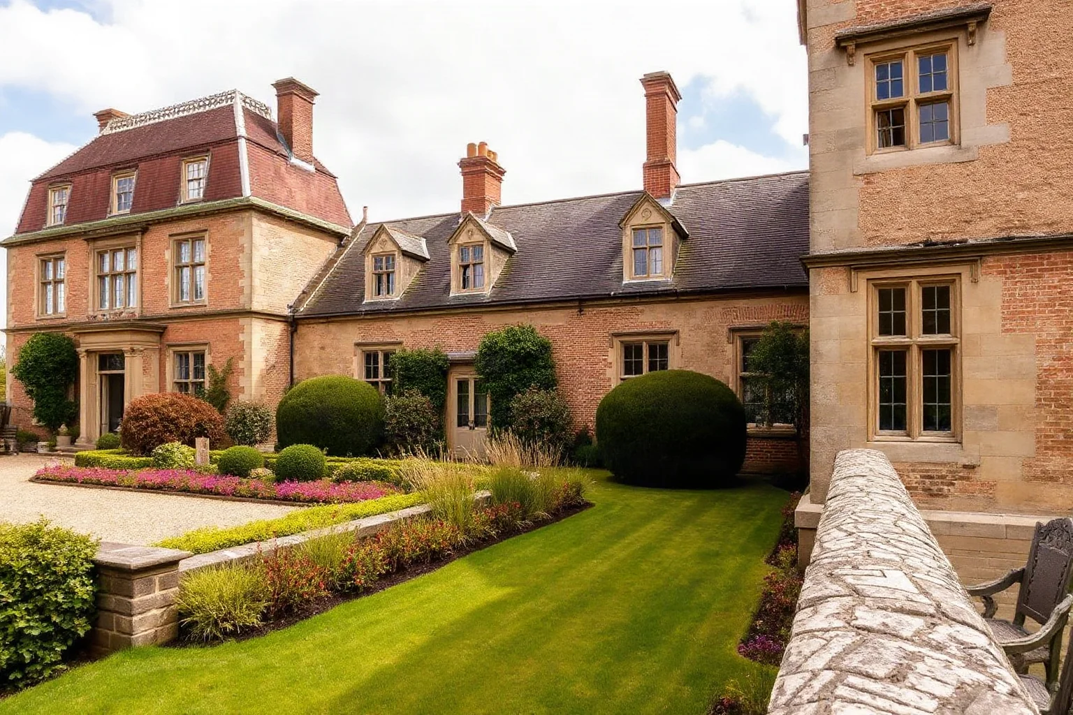 A grand Elizabethan-era manor house exterior with a well-kept garden and stone walls