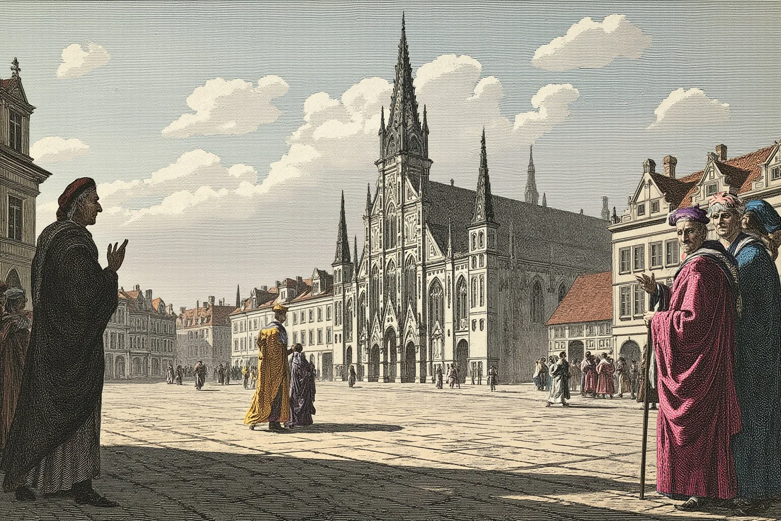 Familiars: The Long, Strange History of the Witch's Animal Companion 21 A grand European cathedral square with robed clergy in the background, continental historical illustration