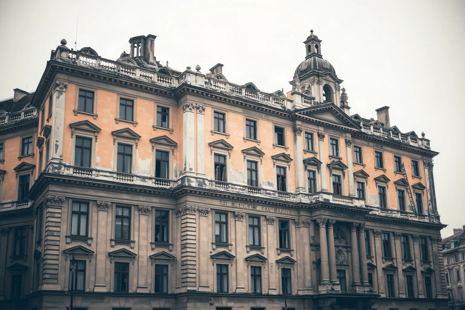 A grand European city building with visible war damage but still standing, illustrating survival against odds