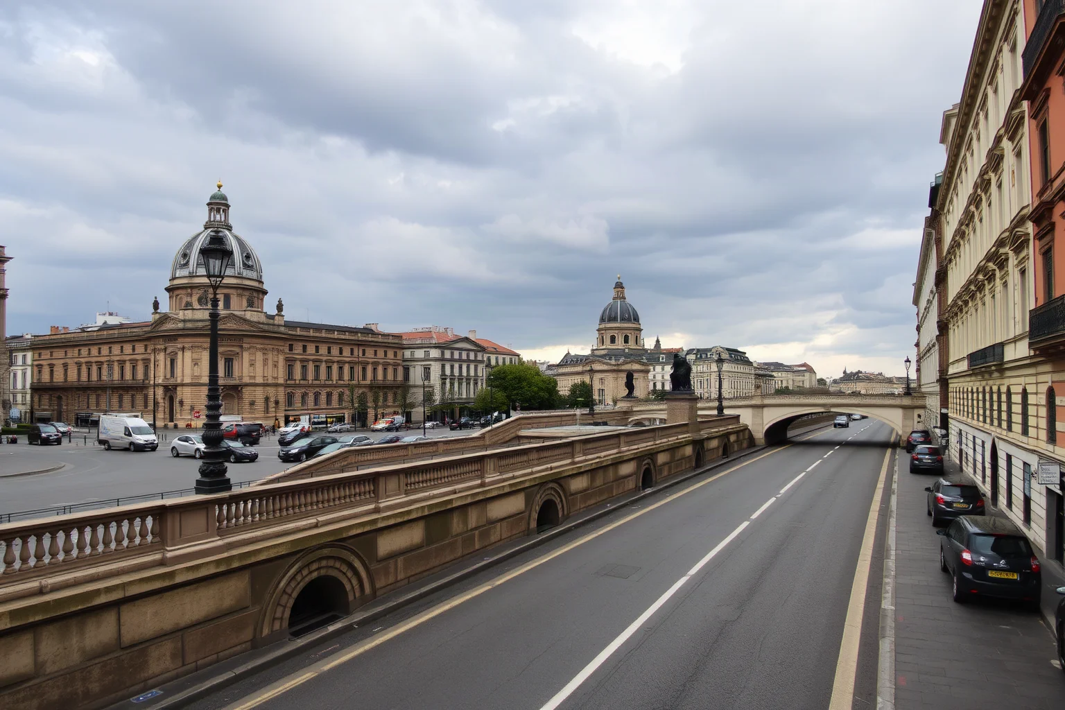 A grand European city street with historic monuments and bridges intact under a dramatic sky