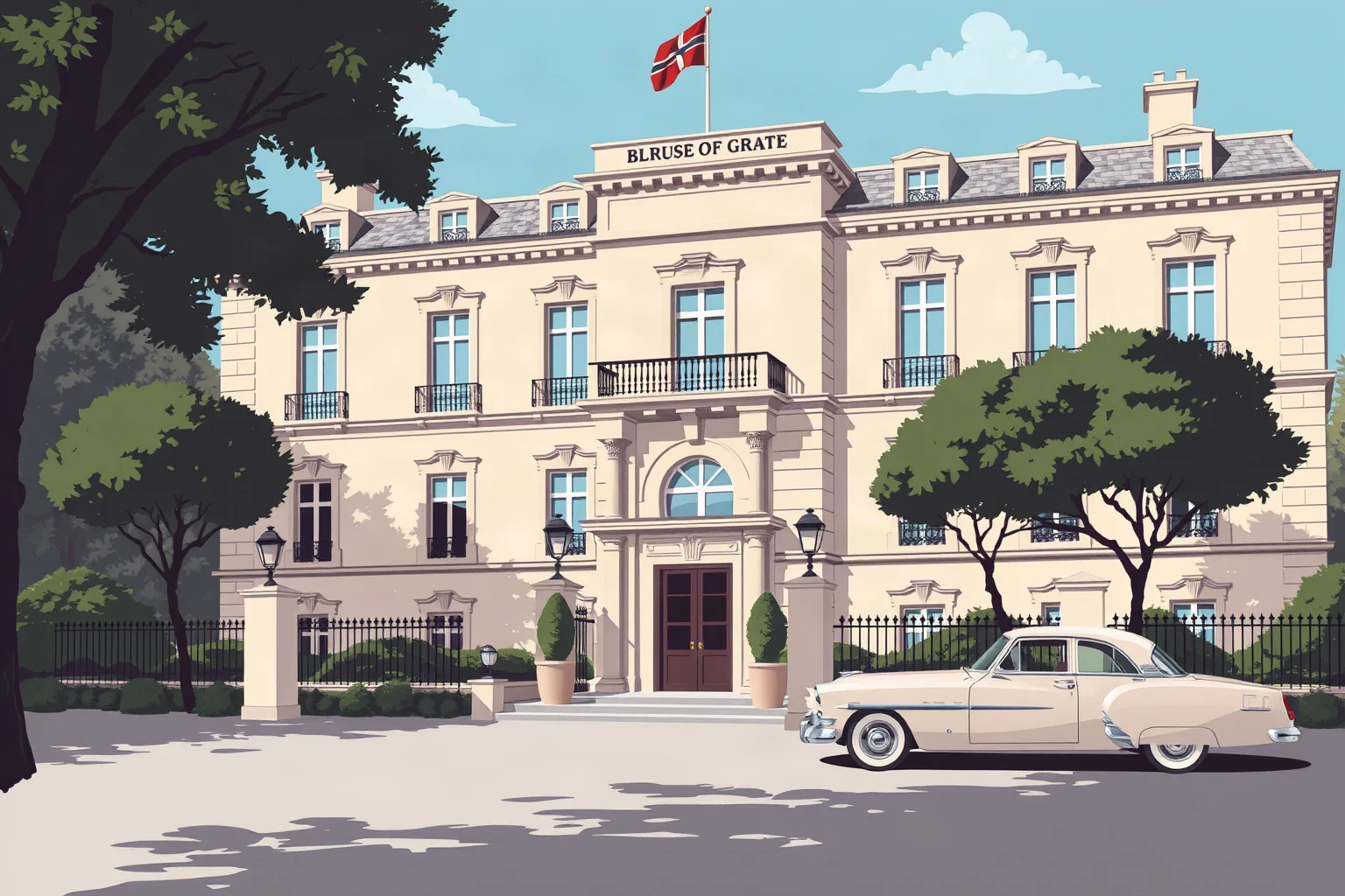 A grand European embassy building with a diplomatic car outside, 1950s illustration style