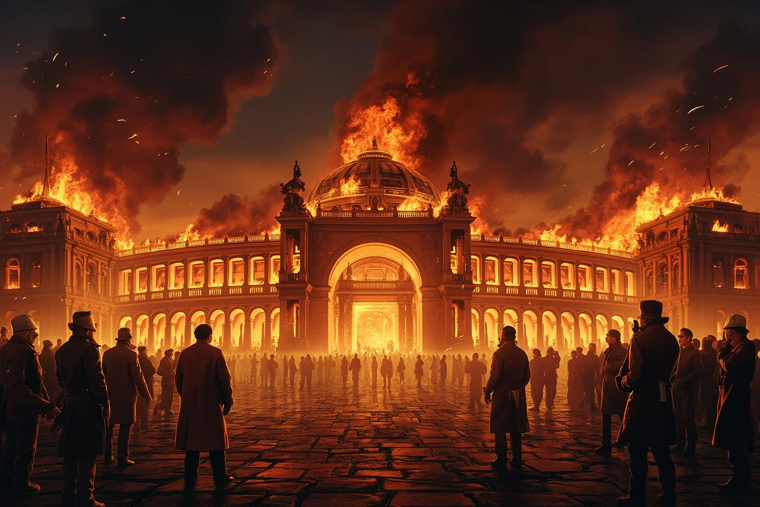 False Flag Operations That Quietly Changed World History 9 A grand European parliament building engulfed in flames at night, historical illustration style