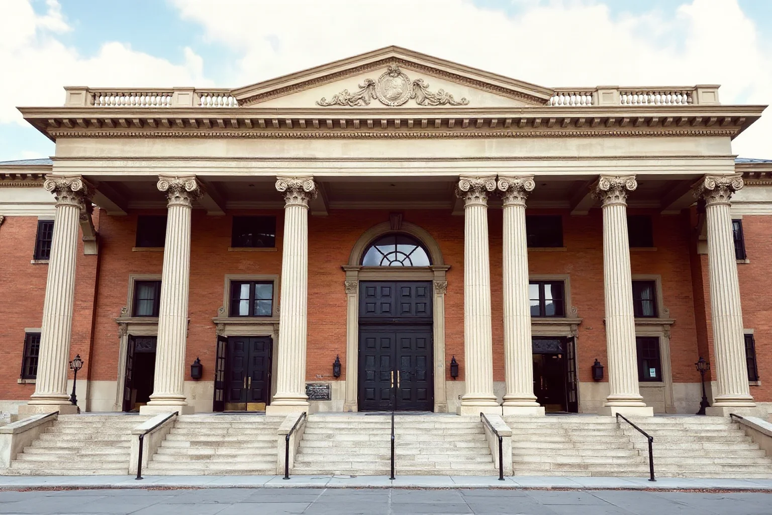 A grand federal-style government building exterior with columns, symbolizing early American executive offices