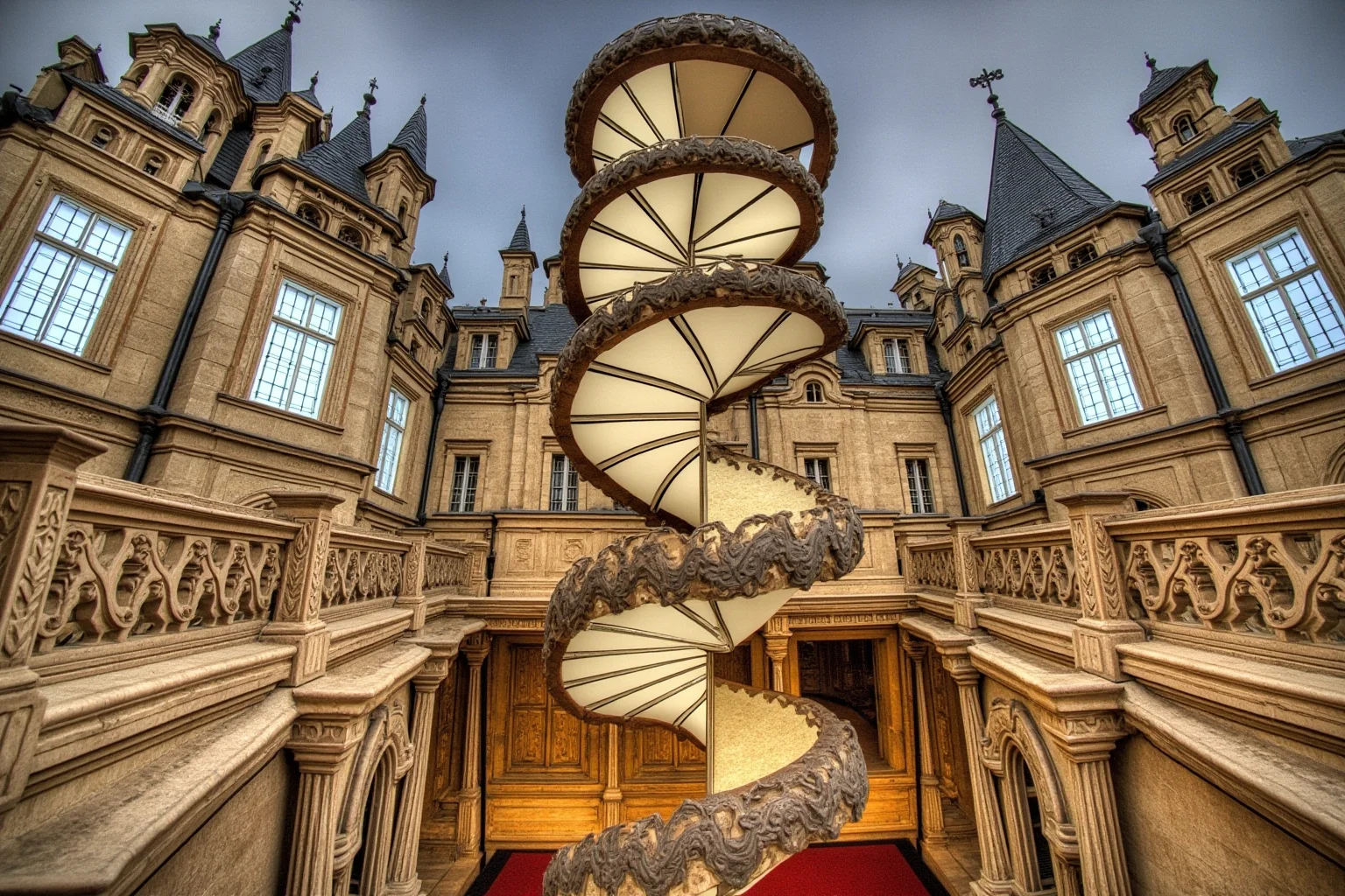 A grand French Renaissance château with turrets, dormer windows, and an elaborate spiral staircase inside