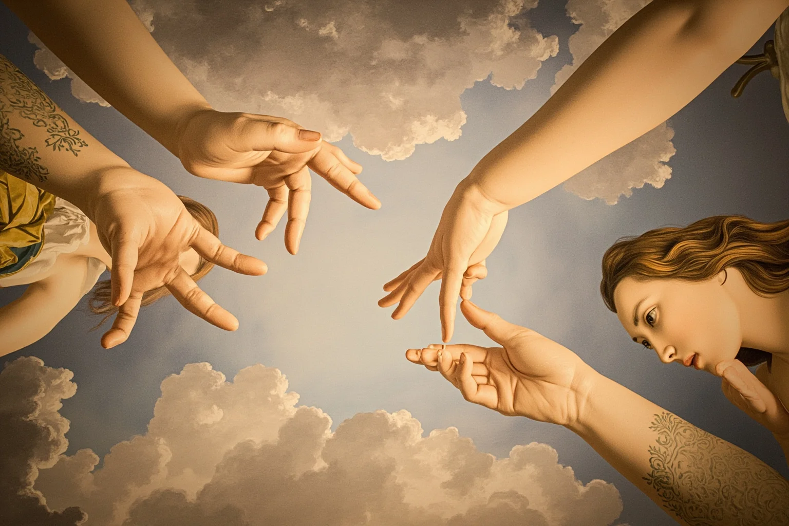 The Most Famous Historical Paintings in the World 15 A grand fresco ceiling detail showing two reaching hands nearly touching amid clouds and figures