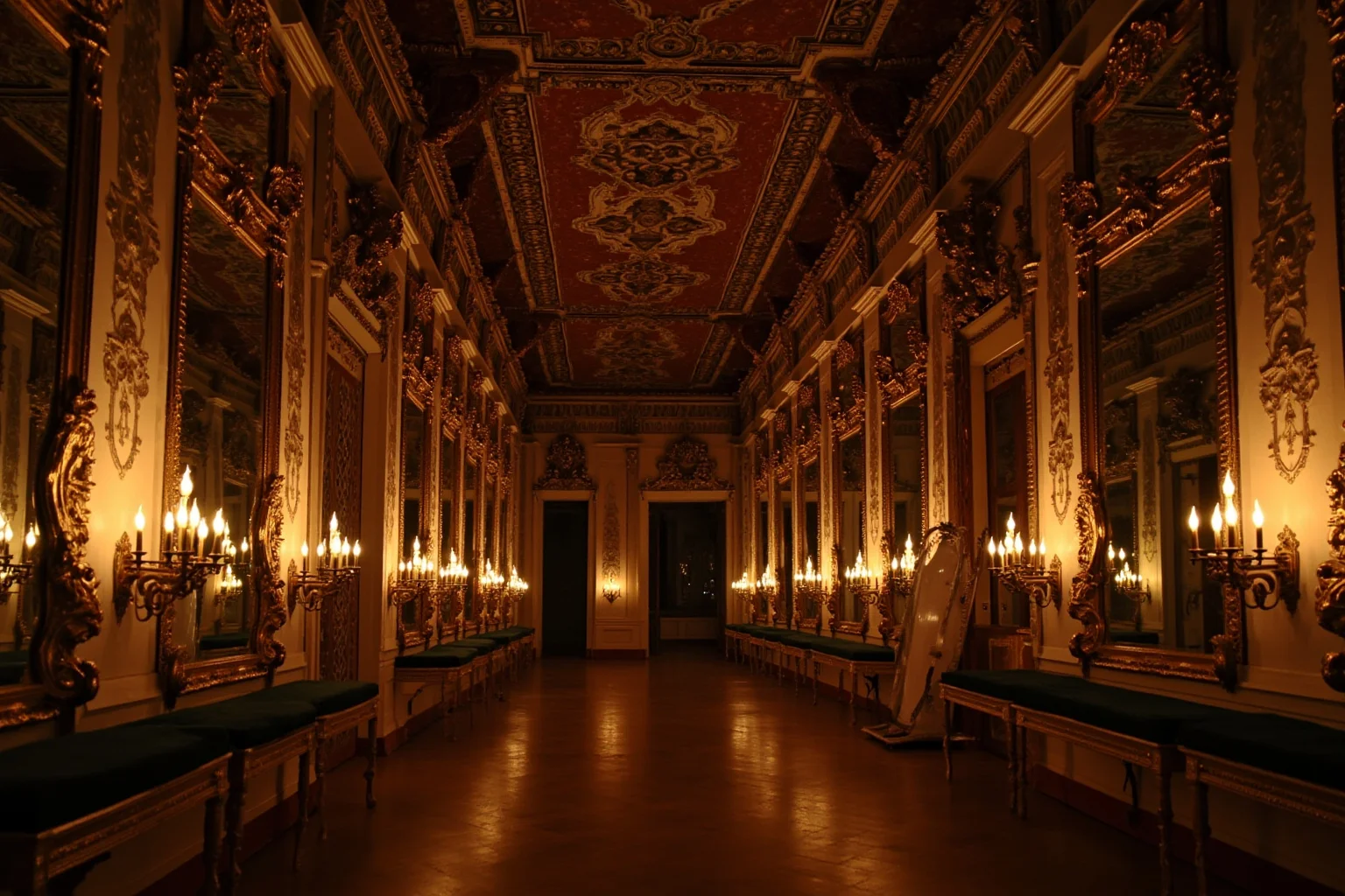 A grand hall lined with gilded mirrors reflecting candlelight, reminiscent of a European palace