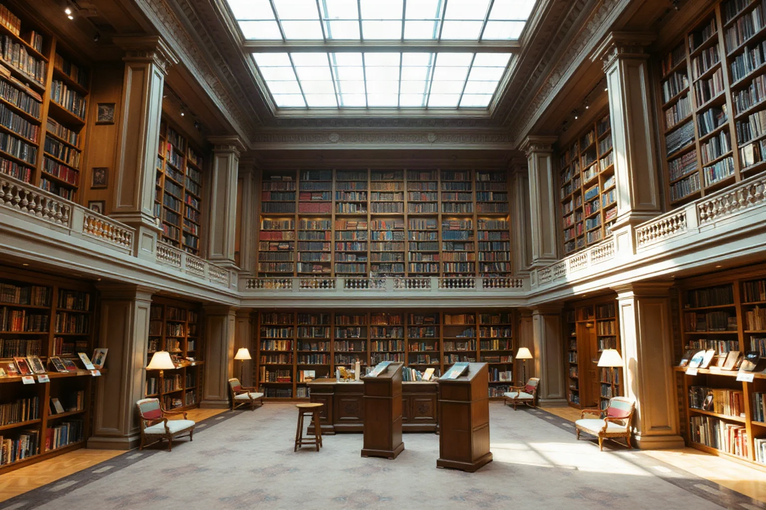 A grand historic library or museum reading room representing philanthropy and cultural funding