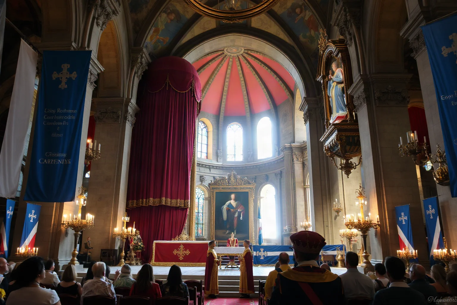 A grand Holy Roman Empire coronation ceremony inside a large European cathedral