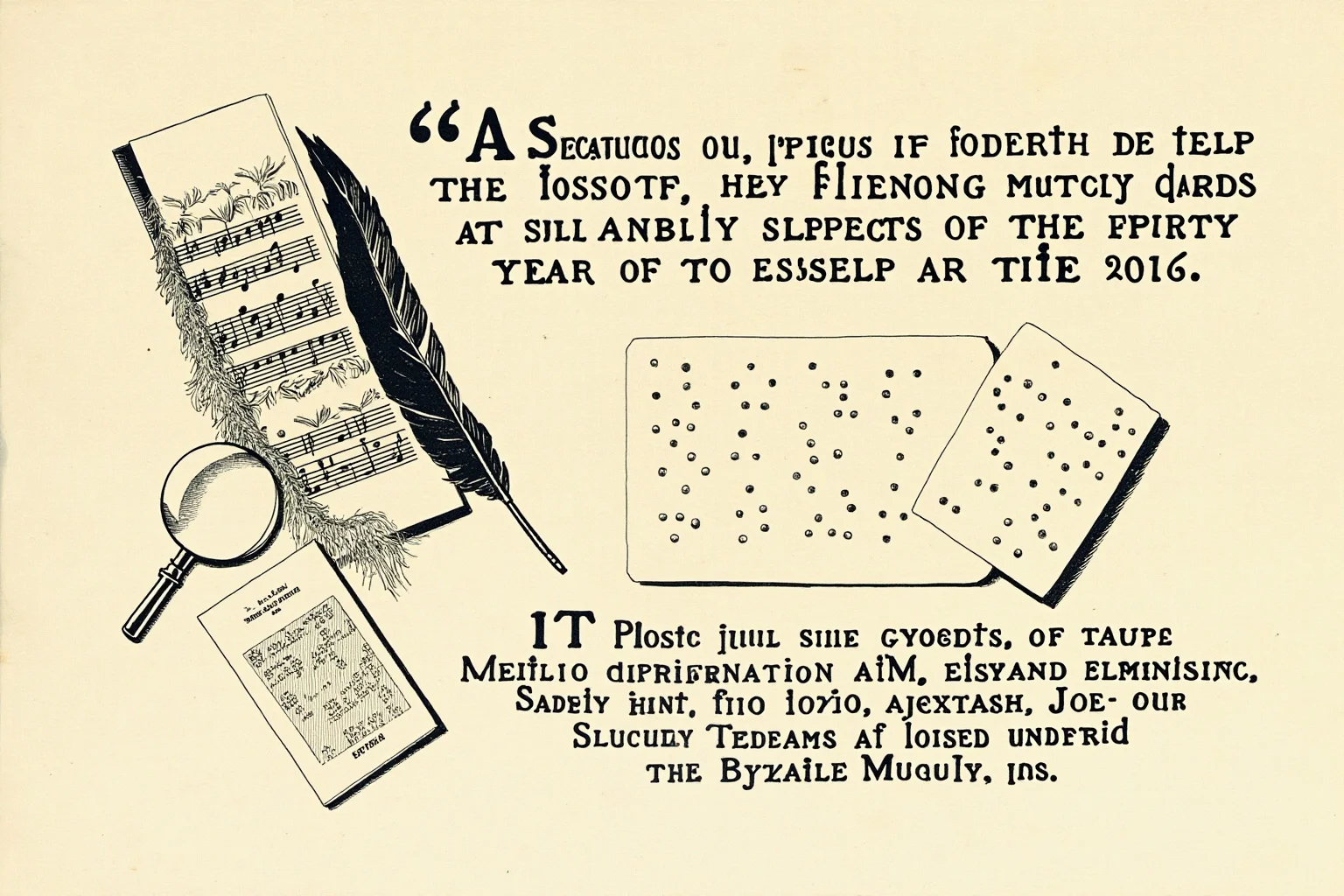 Historical Figures That Were Shockingly Born In The Same Year 22 A grand illustration blending Victorian-era motifs: an antique quill, a magnifying glass, sheet music, and a raised braille alphabet card, symbolizing a historically packed birth year