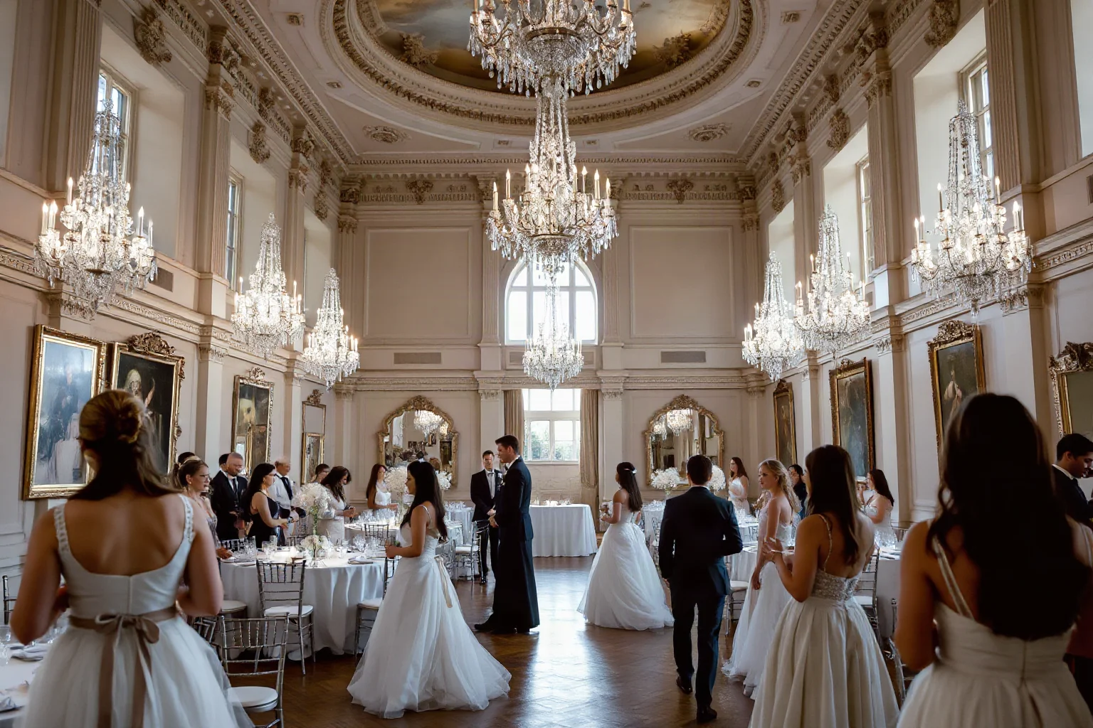 A grand London ballroom filled with debutantes in white gowns during the social season