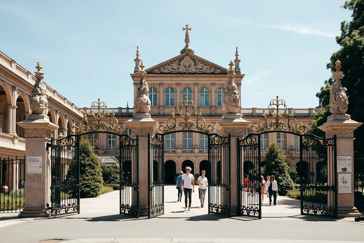 A grand mansion museum entrance with visitors walking through ornate gates, tourist attraction style