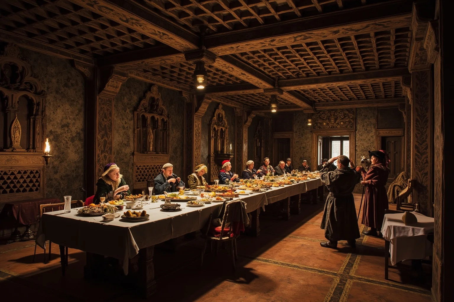 A grand medieval banquet hall with a long table full of food, musicians, and a jester performing