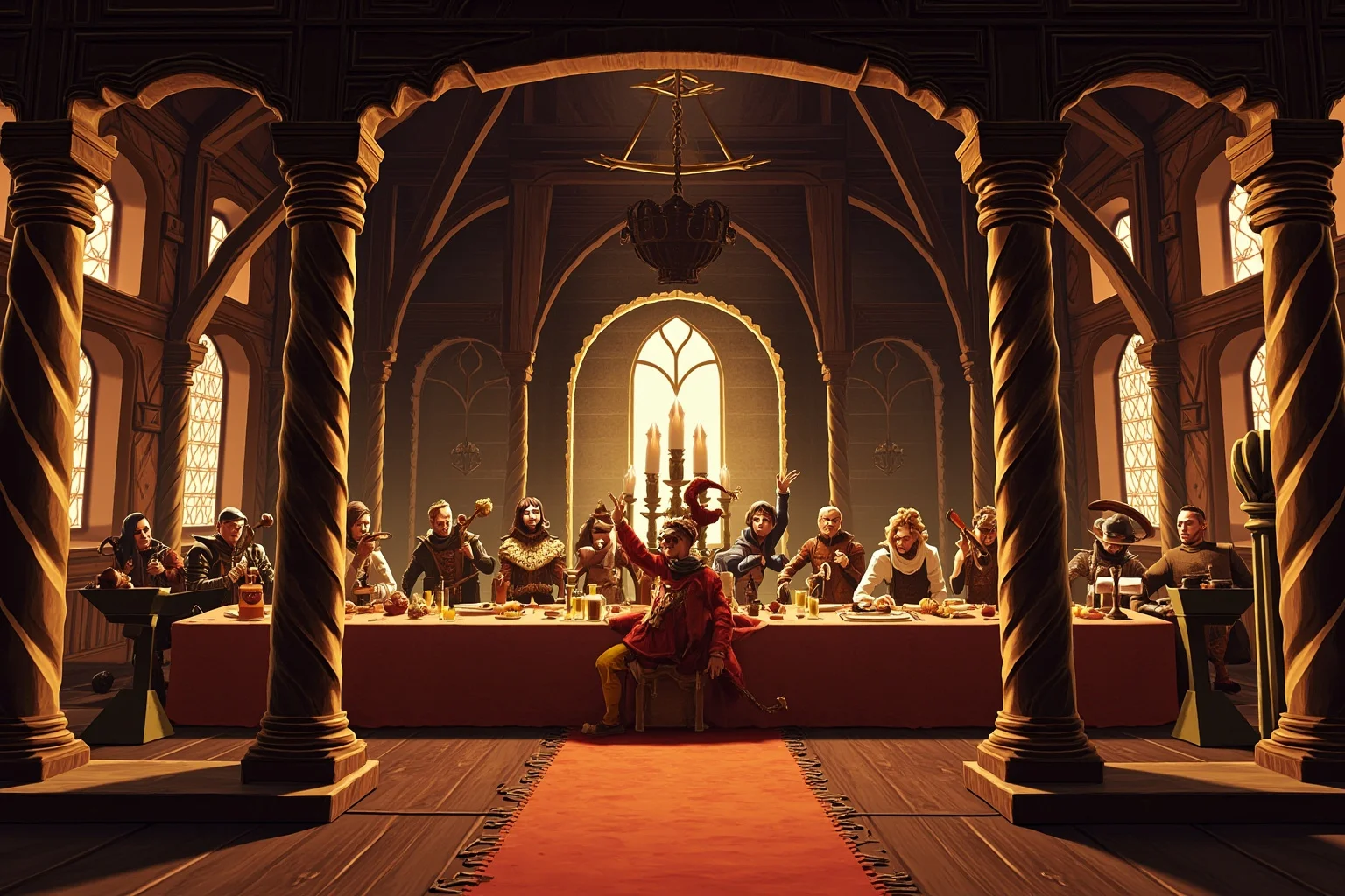 A grand medieval banquet hall with a long feast table and royal court jester performing, illustrated style