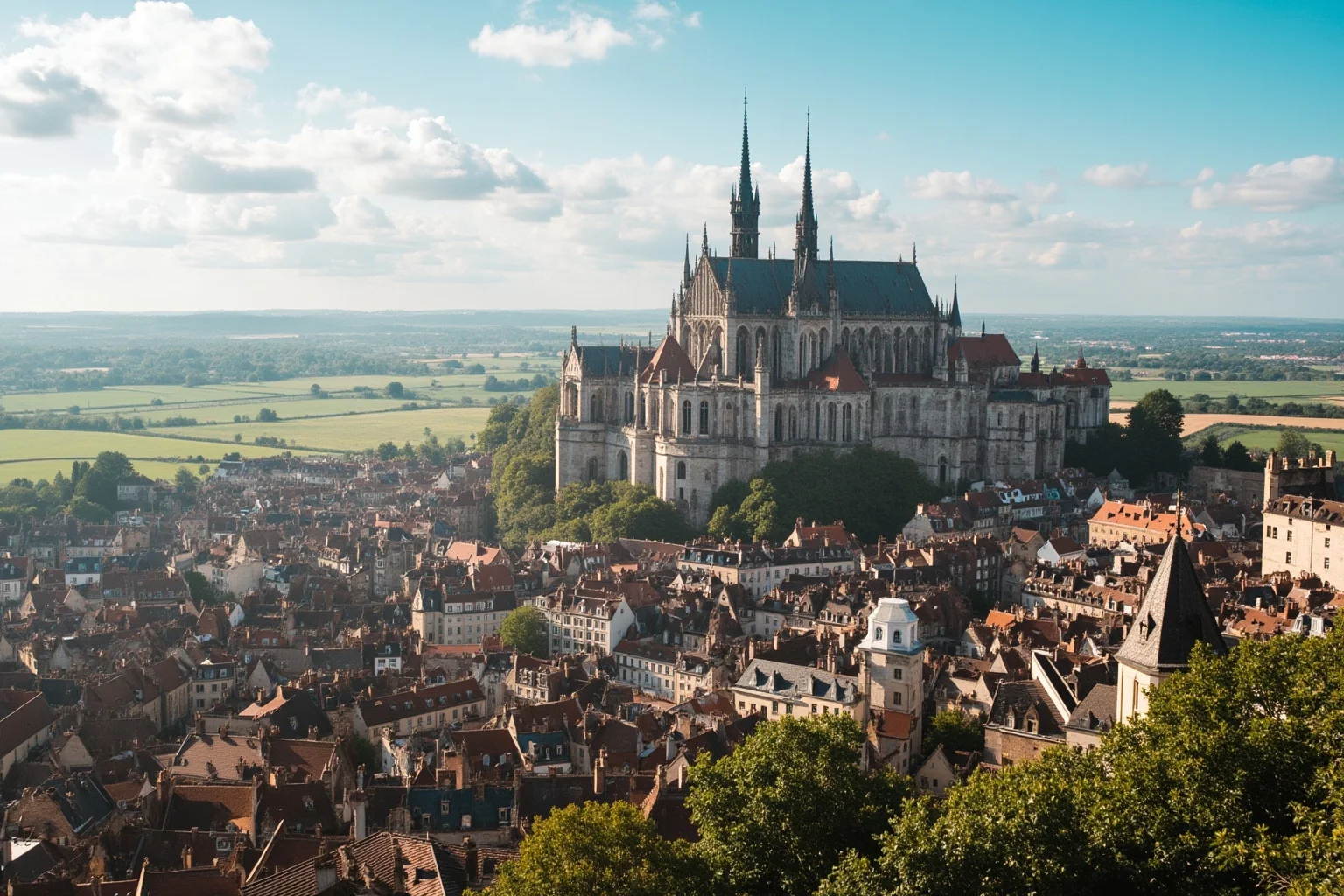A grand medieval French cathedral and castle skyline representing early Frankish kingdoms
