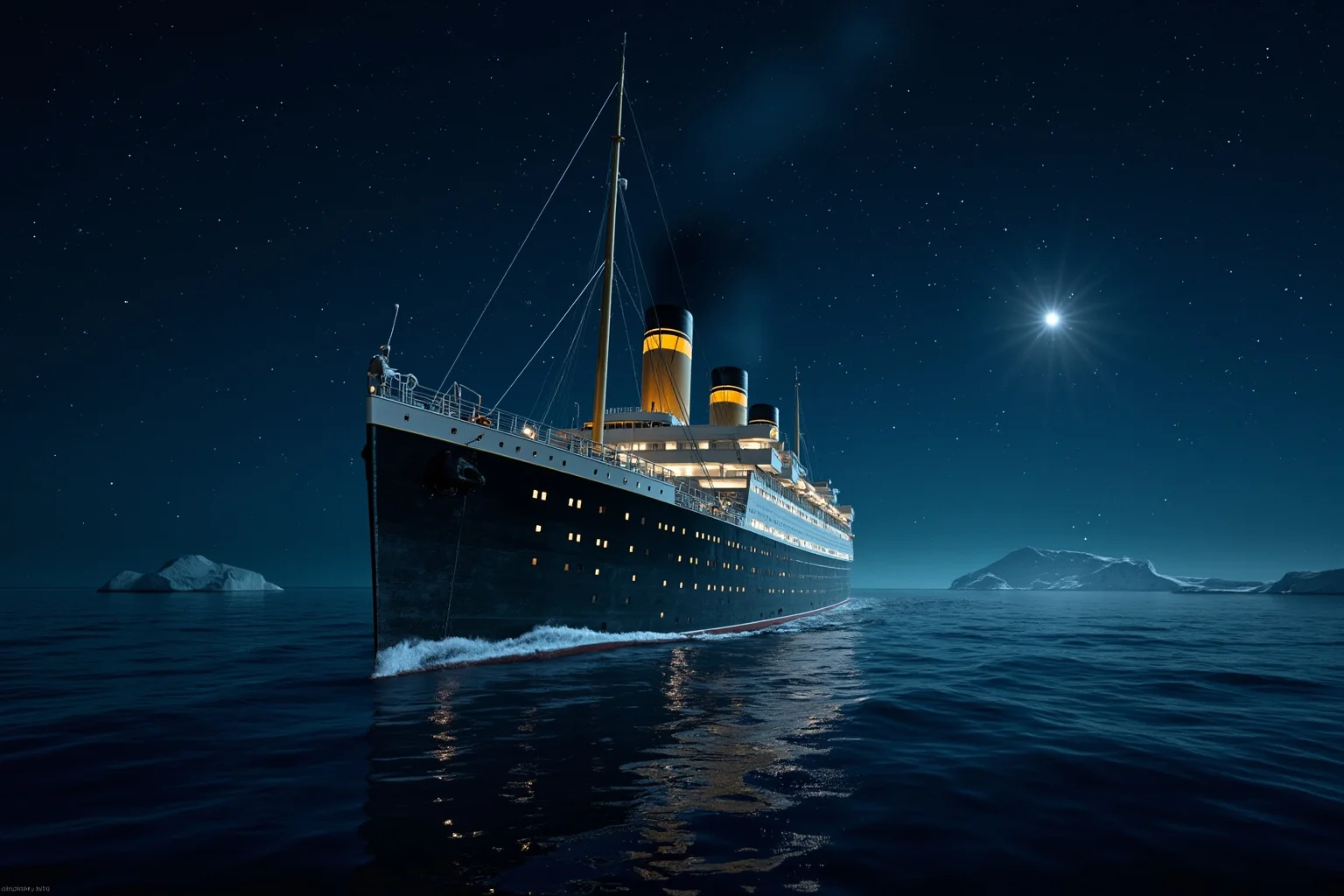A grand ocean liner from the early 1900s sailing at night under a starry sky, icebergs in the distance