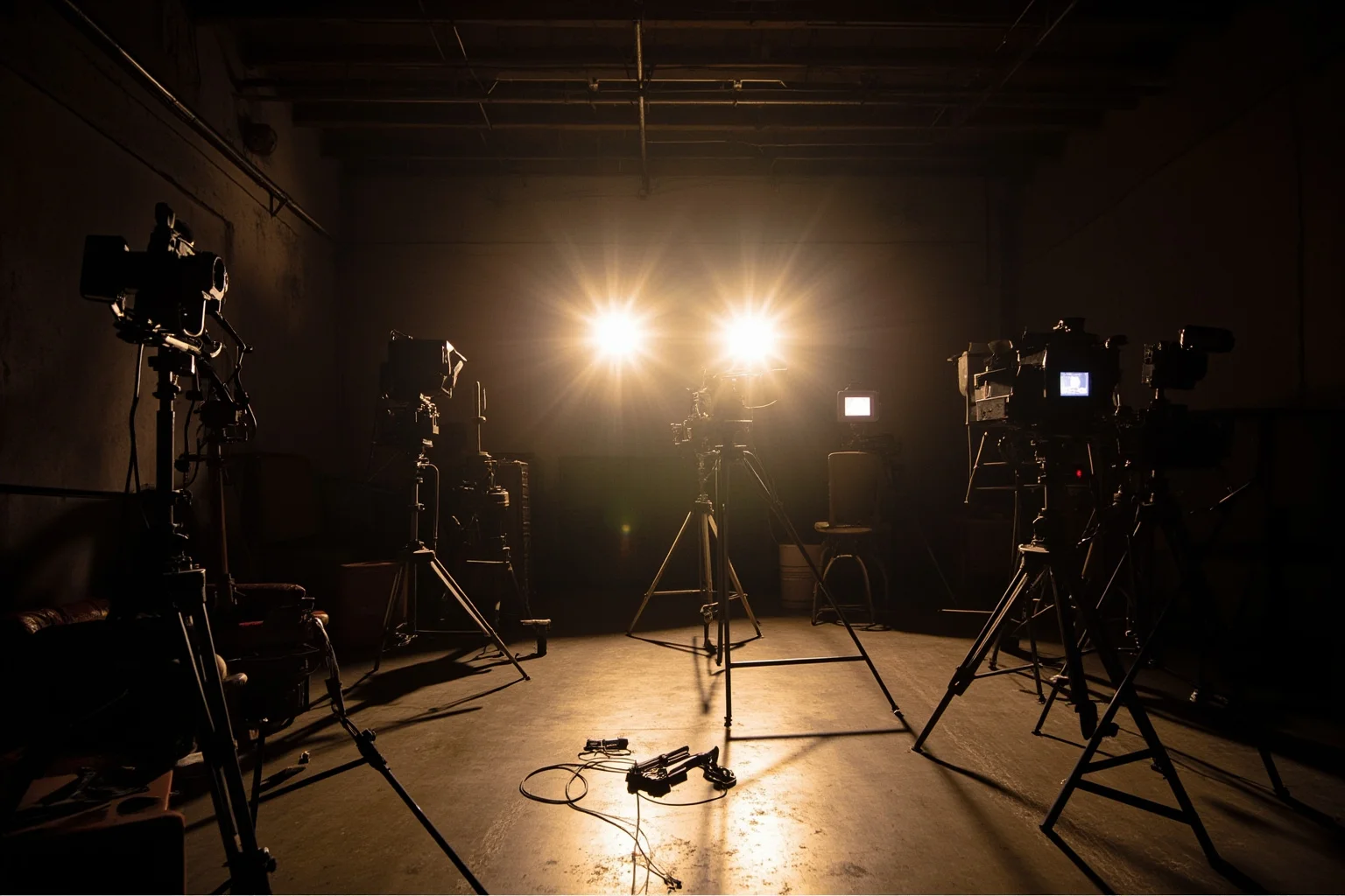 A grand old film studio soundstage with vintage cameras and dramatic lighting