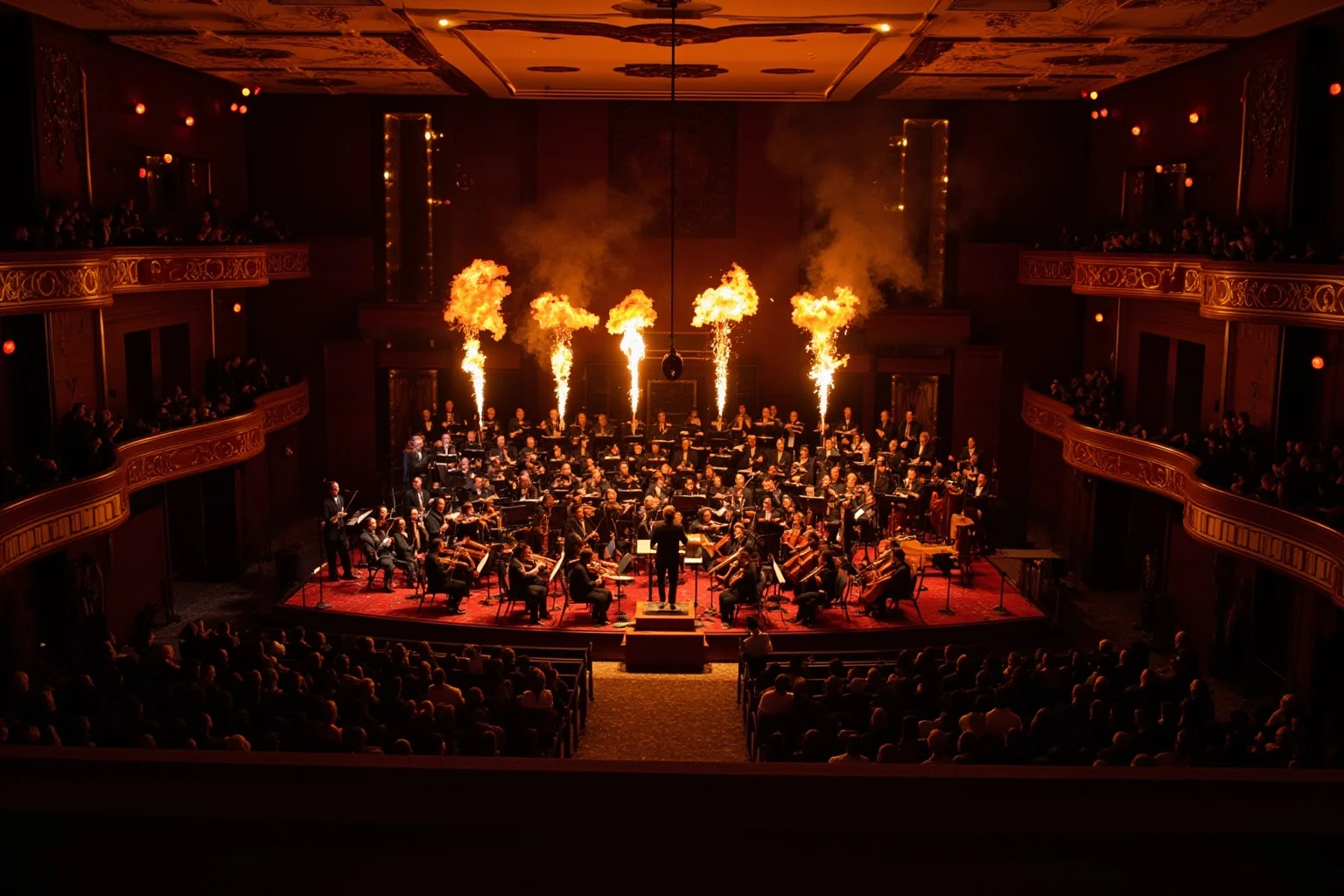 A grand orchestral hall with a full ensemble performing a majestic symphonic finale
