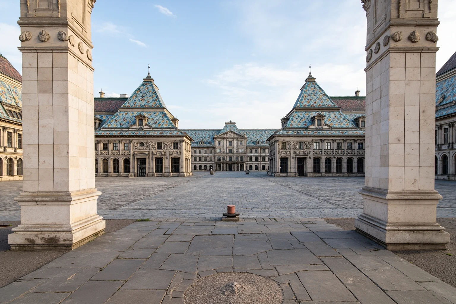 A grand public square framed by three ornately tiled monumental buildings