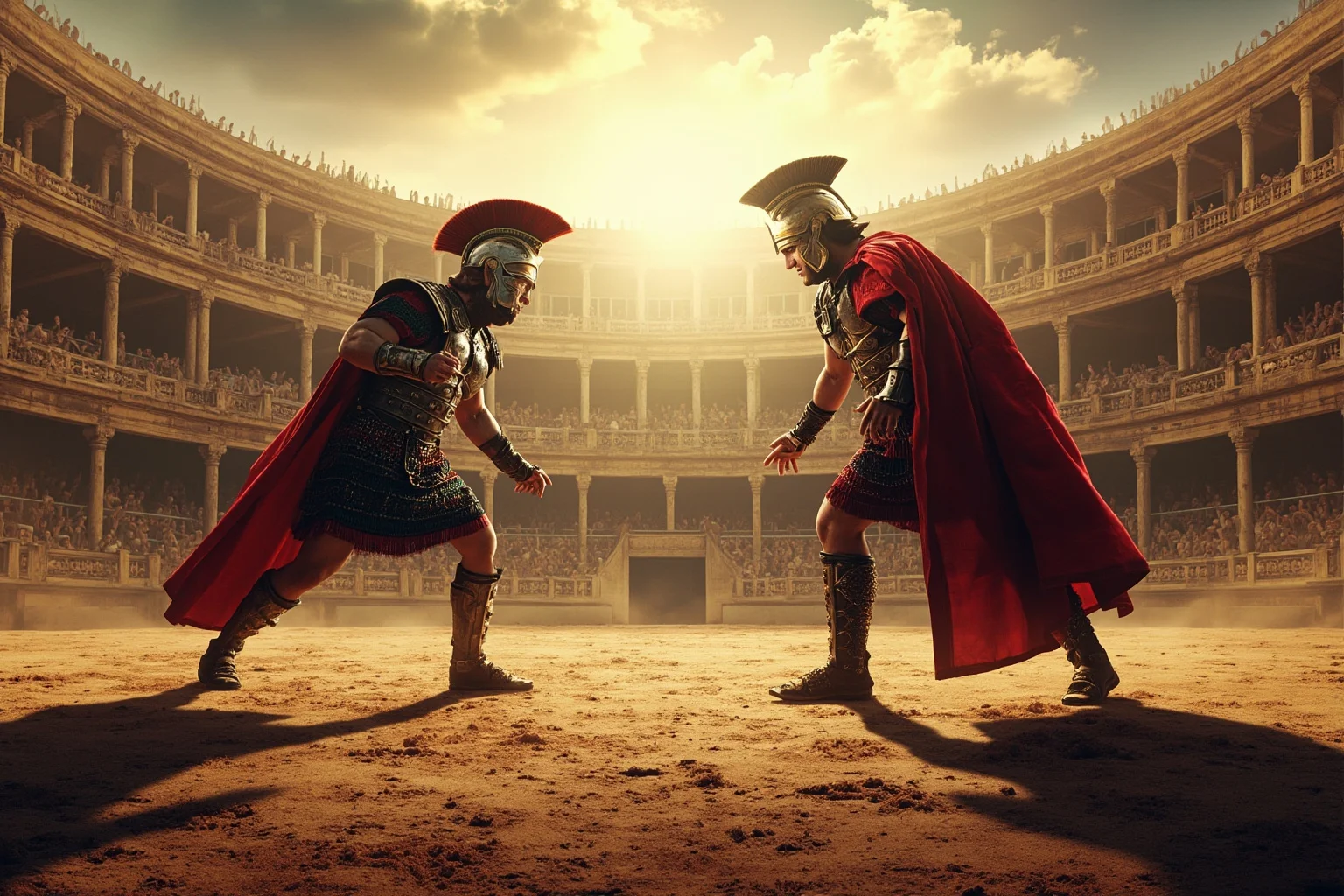 A grand Roman amphitheater interior with two armored gladiators facing each other under a bright sky