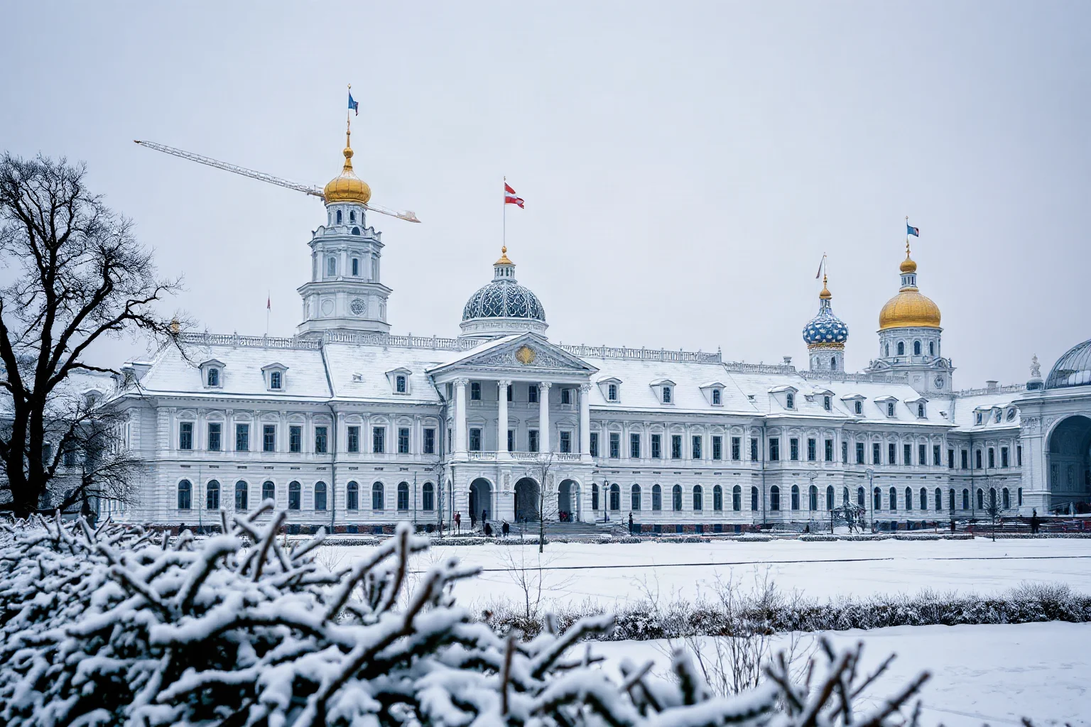 A grand snowy palace in an Eastern European imperial capital with onion-domed architecture in the background