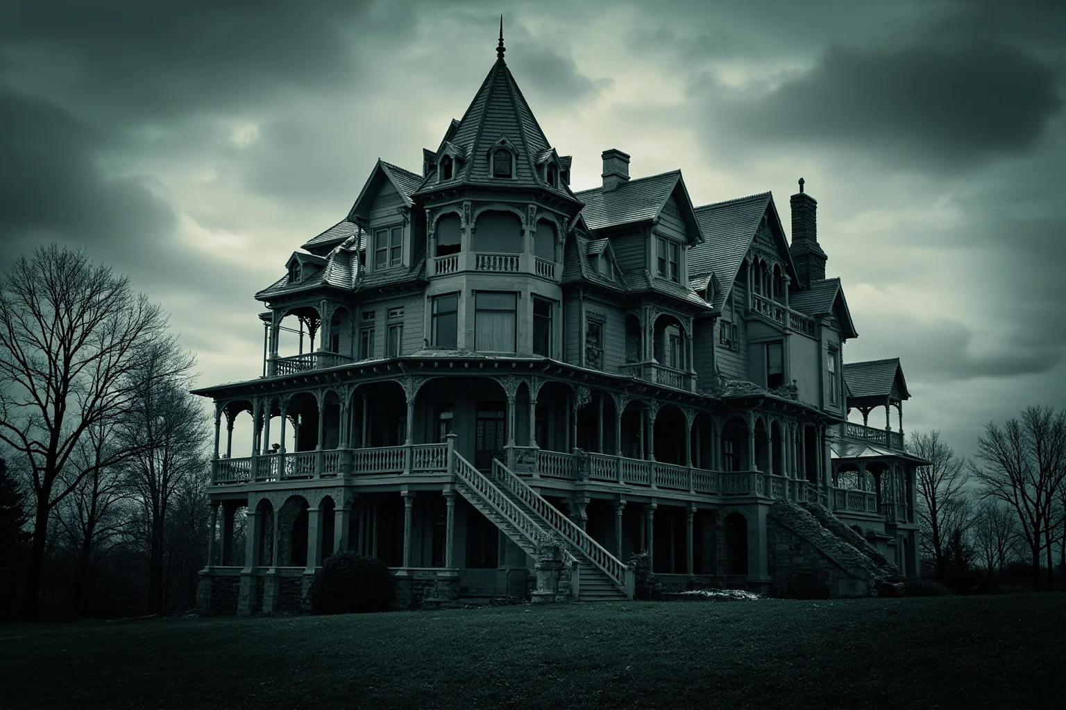 A grand, sprawling Victorian mansion with mismatched staircases and towers under a moody sky