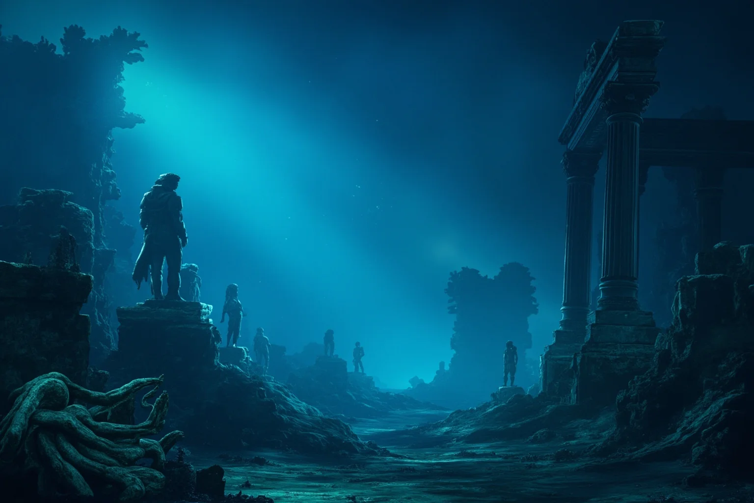 22 Ocean Mysteries We Still Haven't Solved 16 A grand sunken city with crumbling columns and statues resting on the ocean floor, bathed in blue light