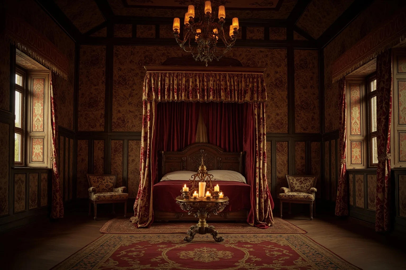 A grand Tudor-era royal bedchamber with tapestries and candlelight, symbolizing an English queen's final days