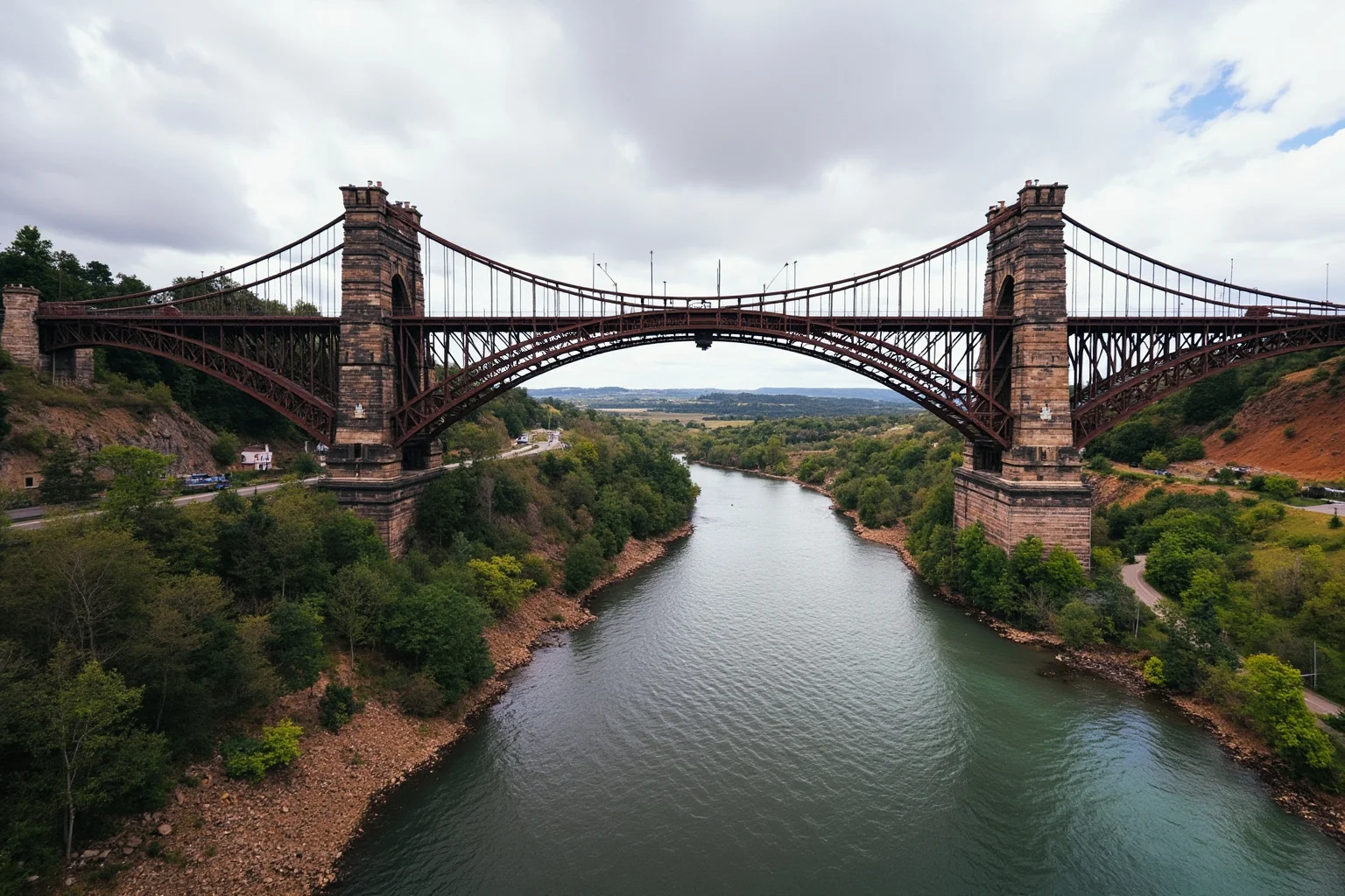 A grand Victorian iron suspension bridge under construction over a river gorge