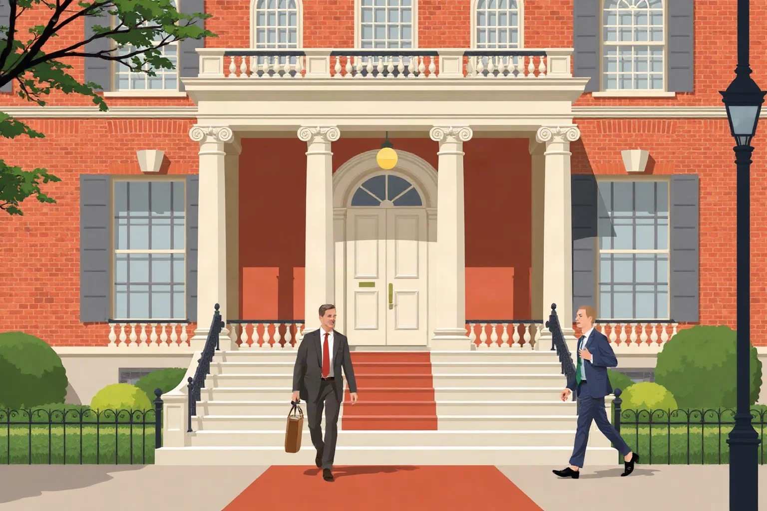 A grand Washington D.C. townhouse with important-looking visitors arriving, illustrative style