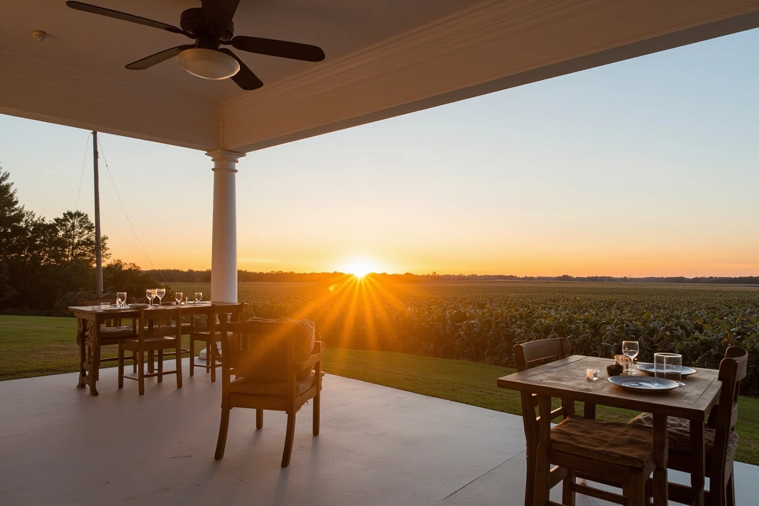 A grand white-columned Southern farmhouse porch overlooking tobacco fields at sunset
