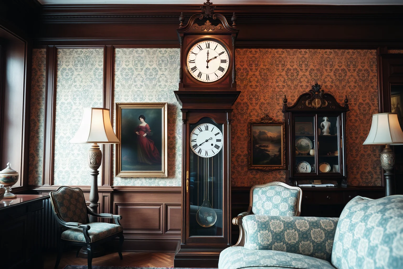 A grandfather clock in a Victorian parlor room set to mid-afternoon, hinting at formal calling hours