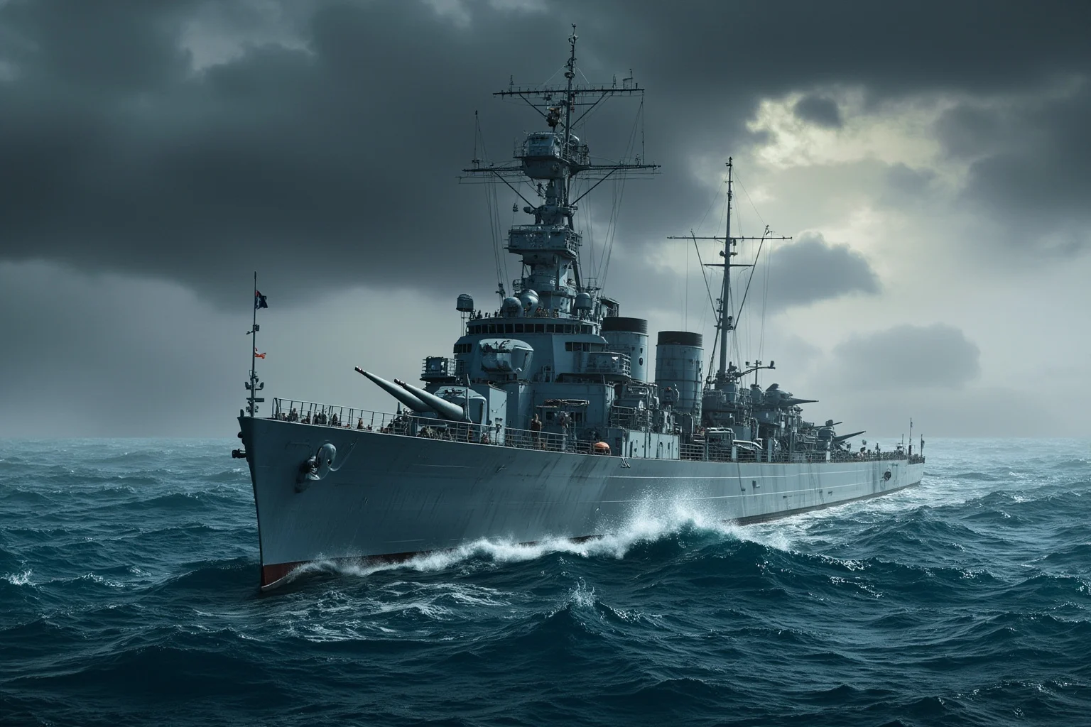 False Flag Operations That Quietly Changed World History 14 A gray naval destroyer at sea under stormy skies, historical illustration style