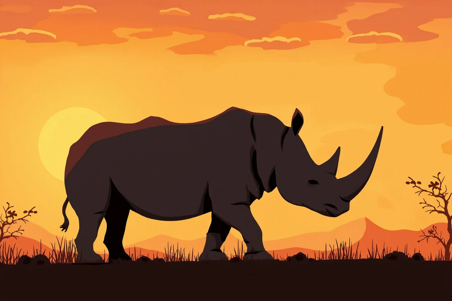 Recently Extinct Animals: A Complete List From the Last 10–20 Years 17 A gray rhinoceros with a long horn standing on an African savanna at sunset, illustrative wildlife art style