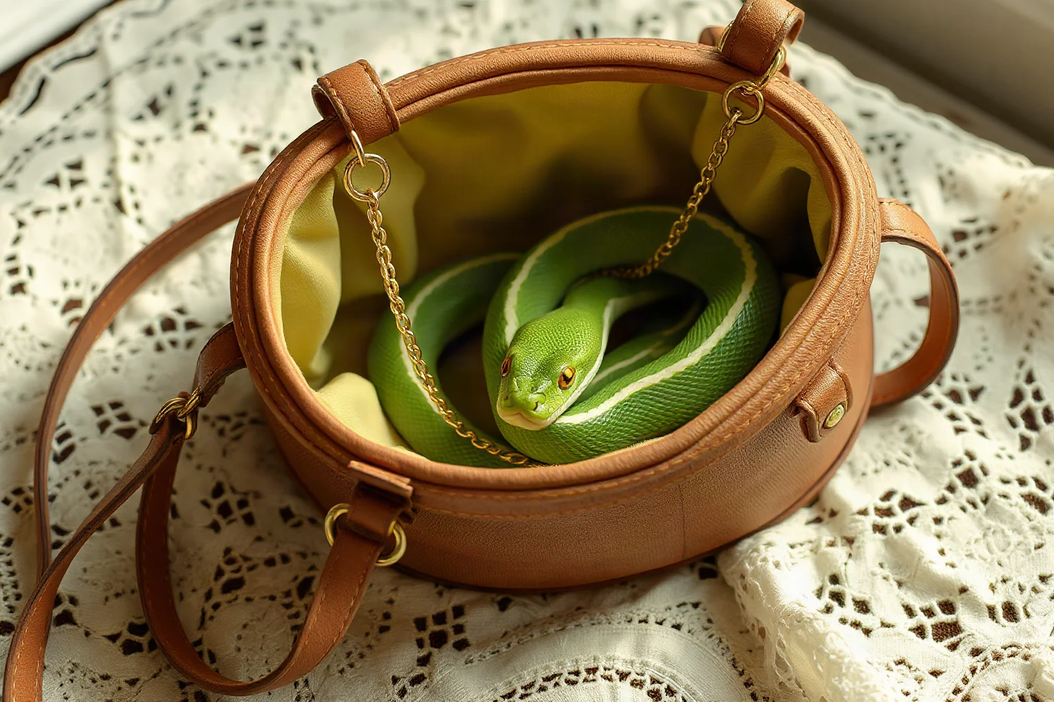 A green garter snake curled inside an elegant vintage handbag on a lace tablecloth, still-life illustration