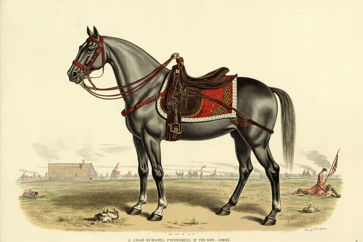 Famous Horses in History: 22 of the Most Legendary Names 7 A grey Arabian warhorse equipped with military tack standing on a European battlefield, early 1800s military illustration style