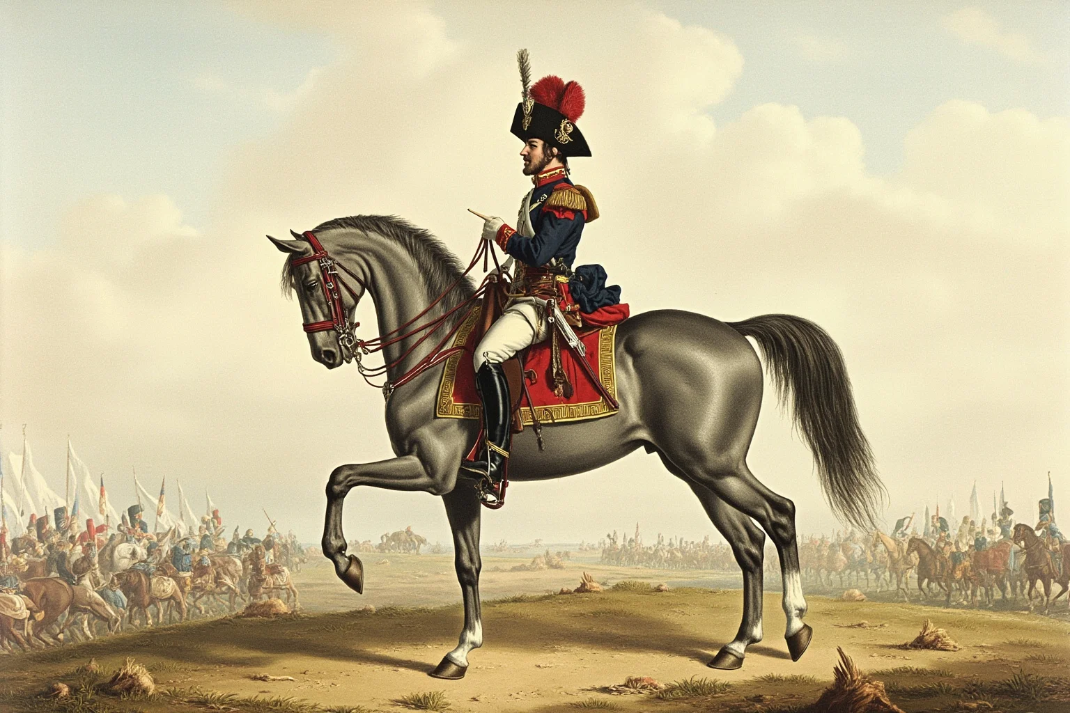 Famous Horses in History: 22 of the Most Legendary Names 5 A grey Arabian warhorse equipped with military tack standing on a European battlefield, early 1800s military illustration style