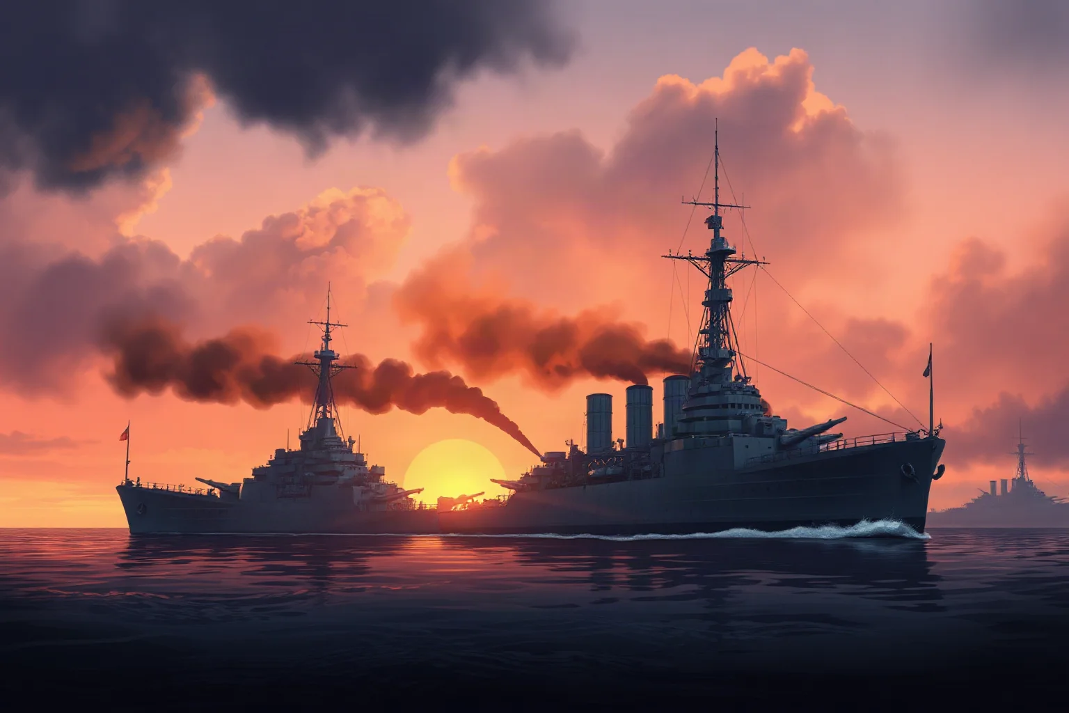 A grey battleship in harbor under smoke-filled skies at dawn, symbolic World War II illustration, no explicit combat imagery.