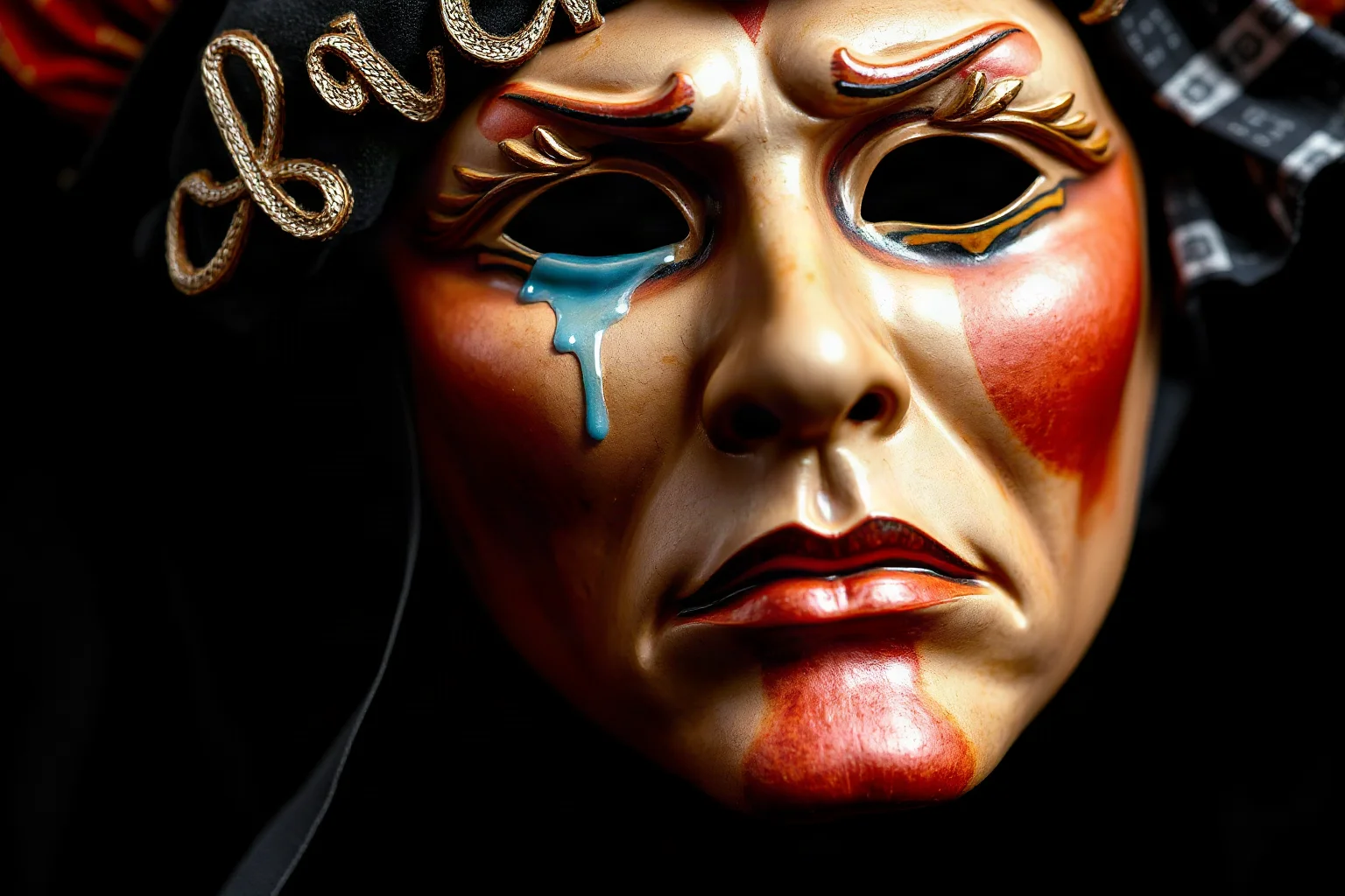 A grieving Elizabethan-style theatrical mask with a tear, symbolizing the exclamation 'Alack'