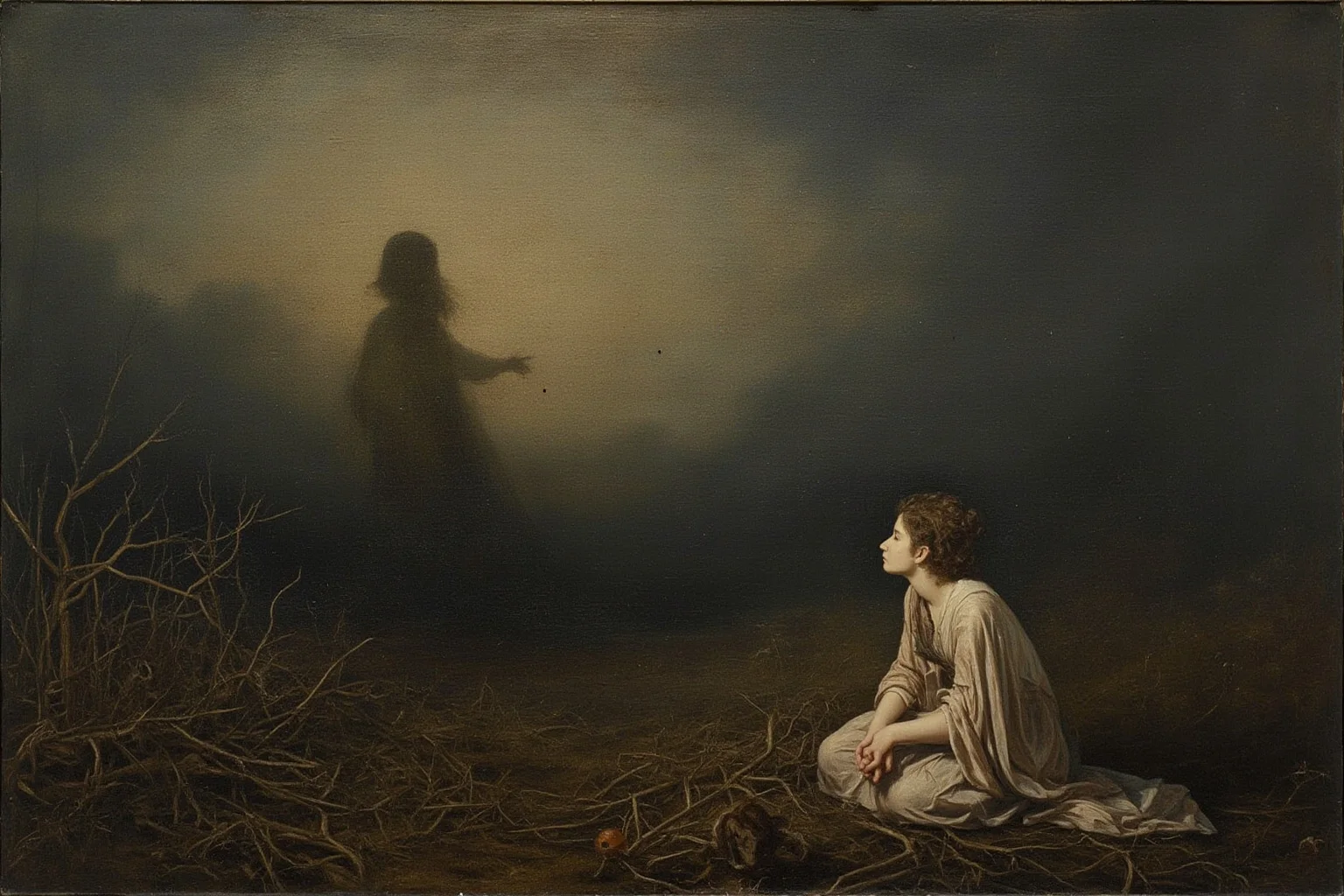 A grieving goddess kneeling in a barren, lifeless field as her daughter vanishes into darkness below