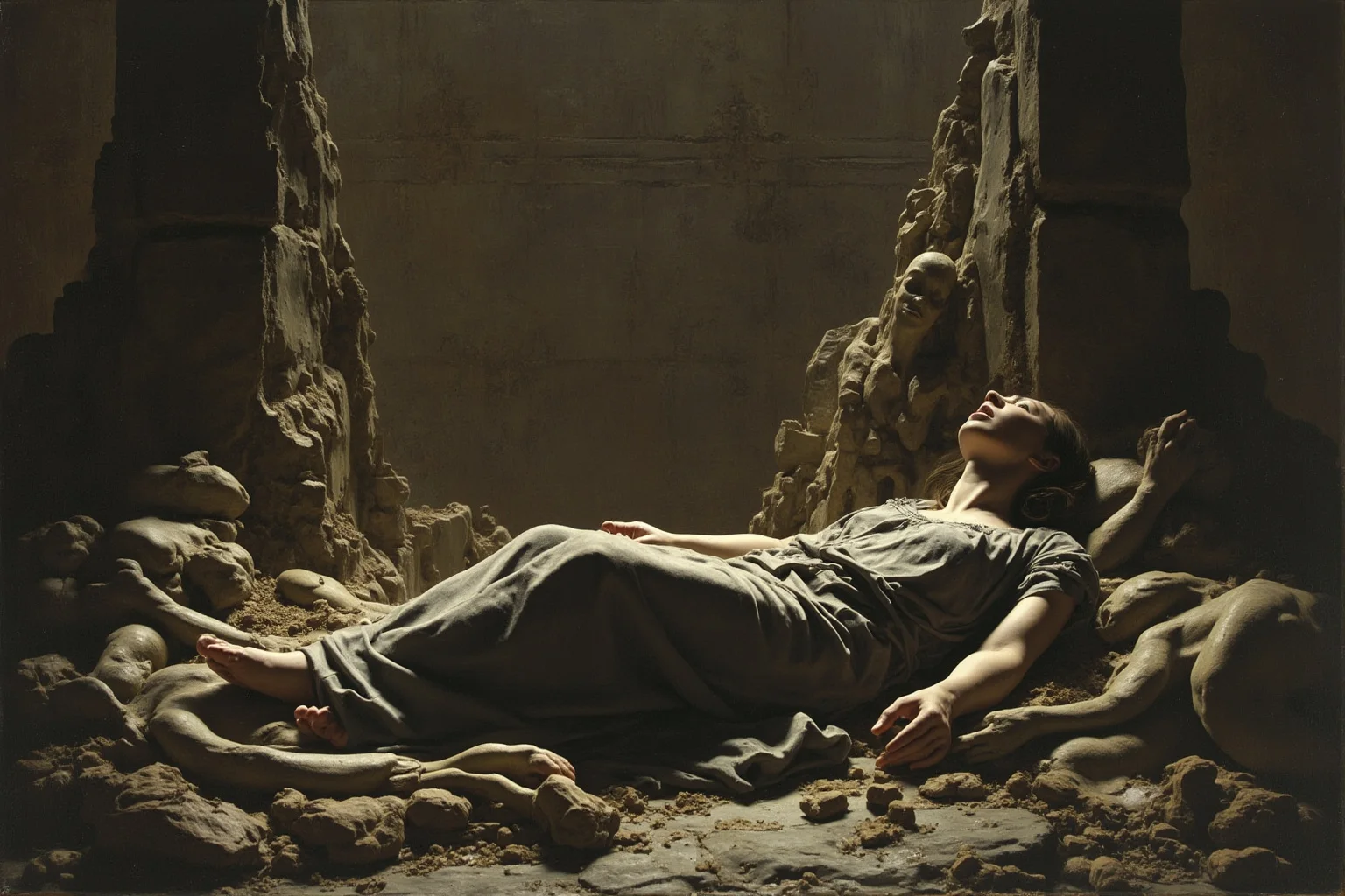 A grieving mother weeping as stone begins to encase her body, surrounded by lifeless figures of her children