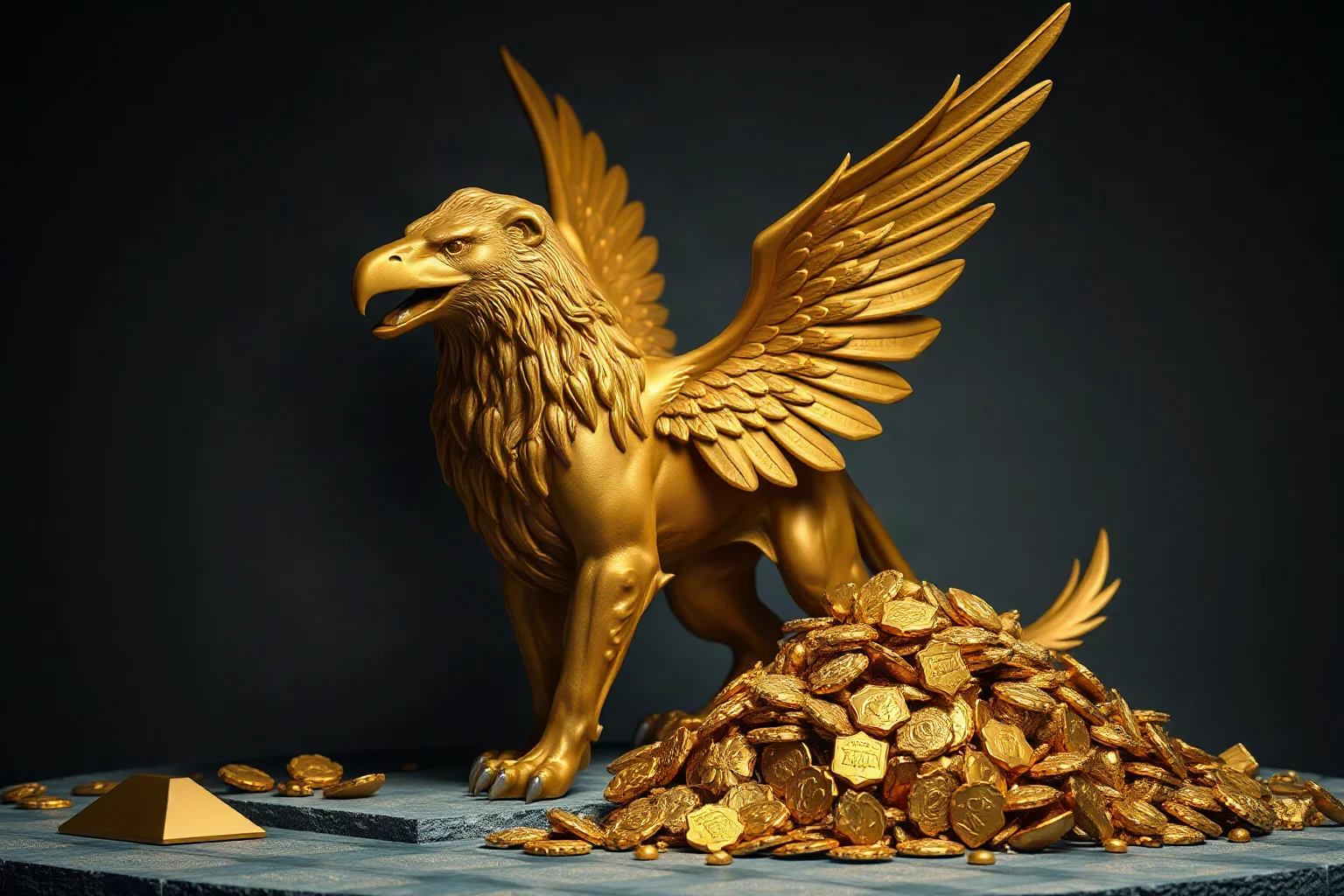 A griffin with a lion's body and eagle head guarding a pile of golden treasure