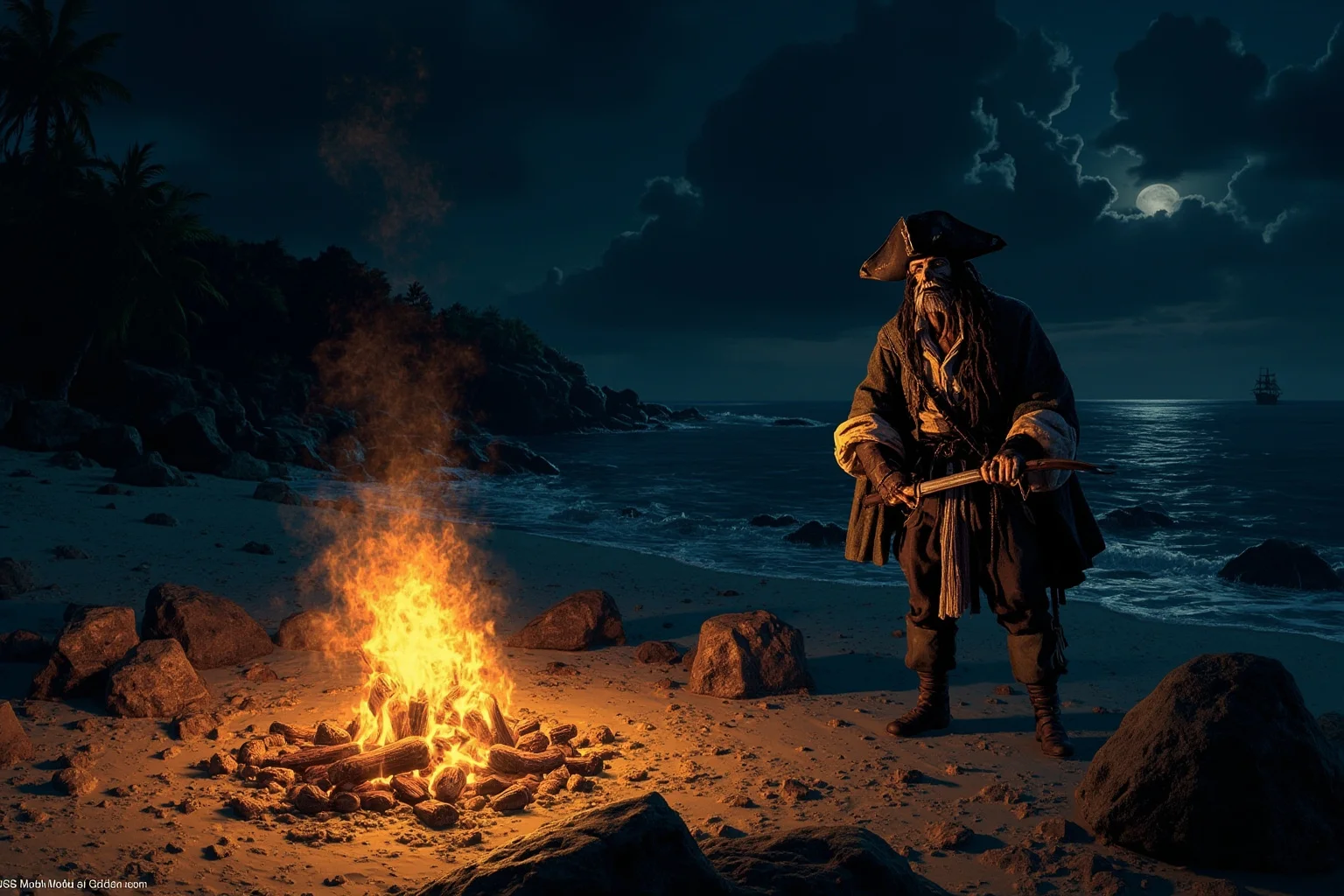 A grim buccaneer standing over a campfire on a Caribbean shore at night, historical illustration style