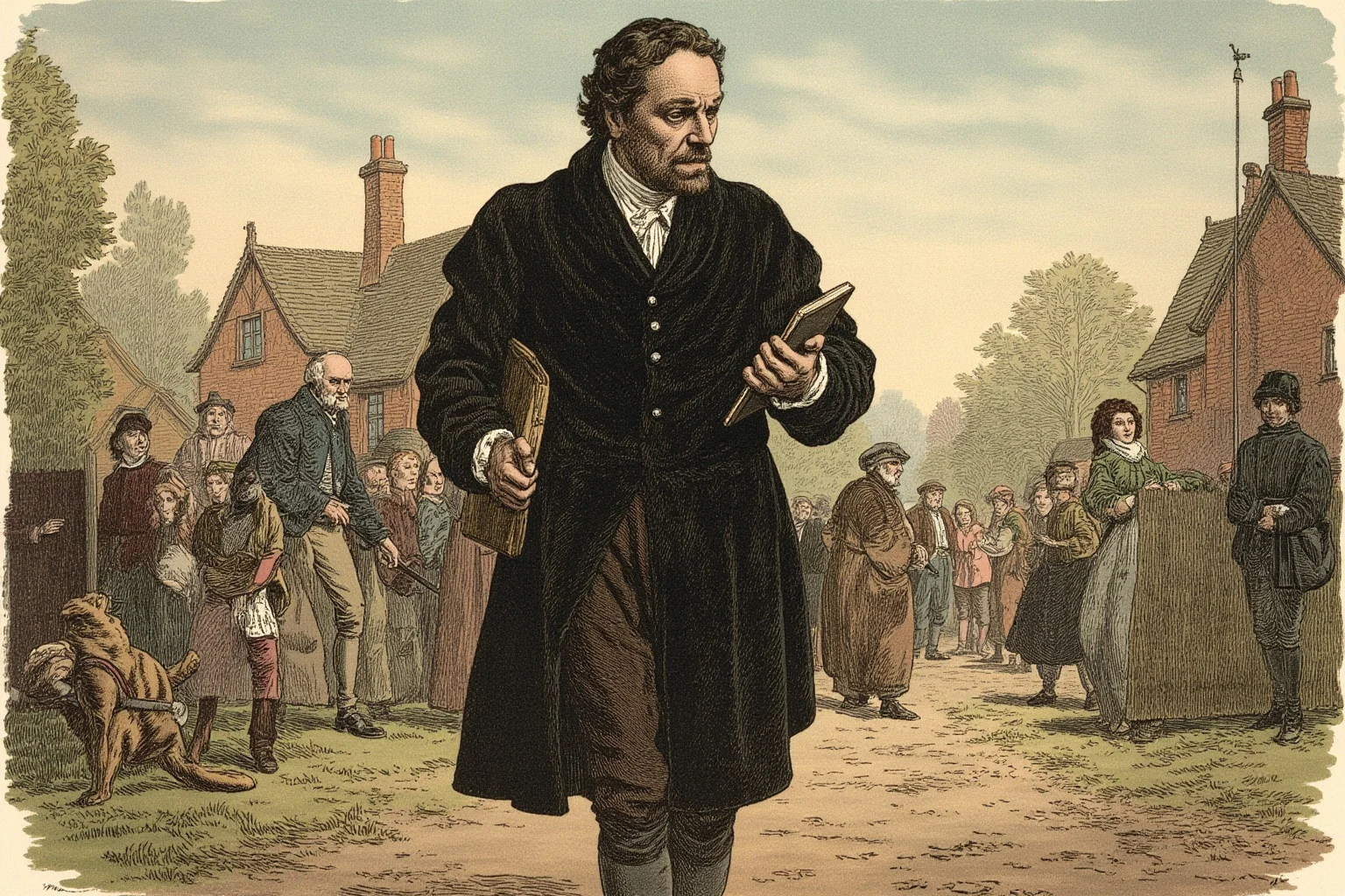 Familiars: The Long, Strange History of the Witch's Animal Companion 14 A grim-faced man in Puritan-era clothing walking through an English village with a notebook, historical illustration
