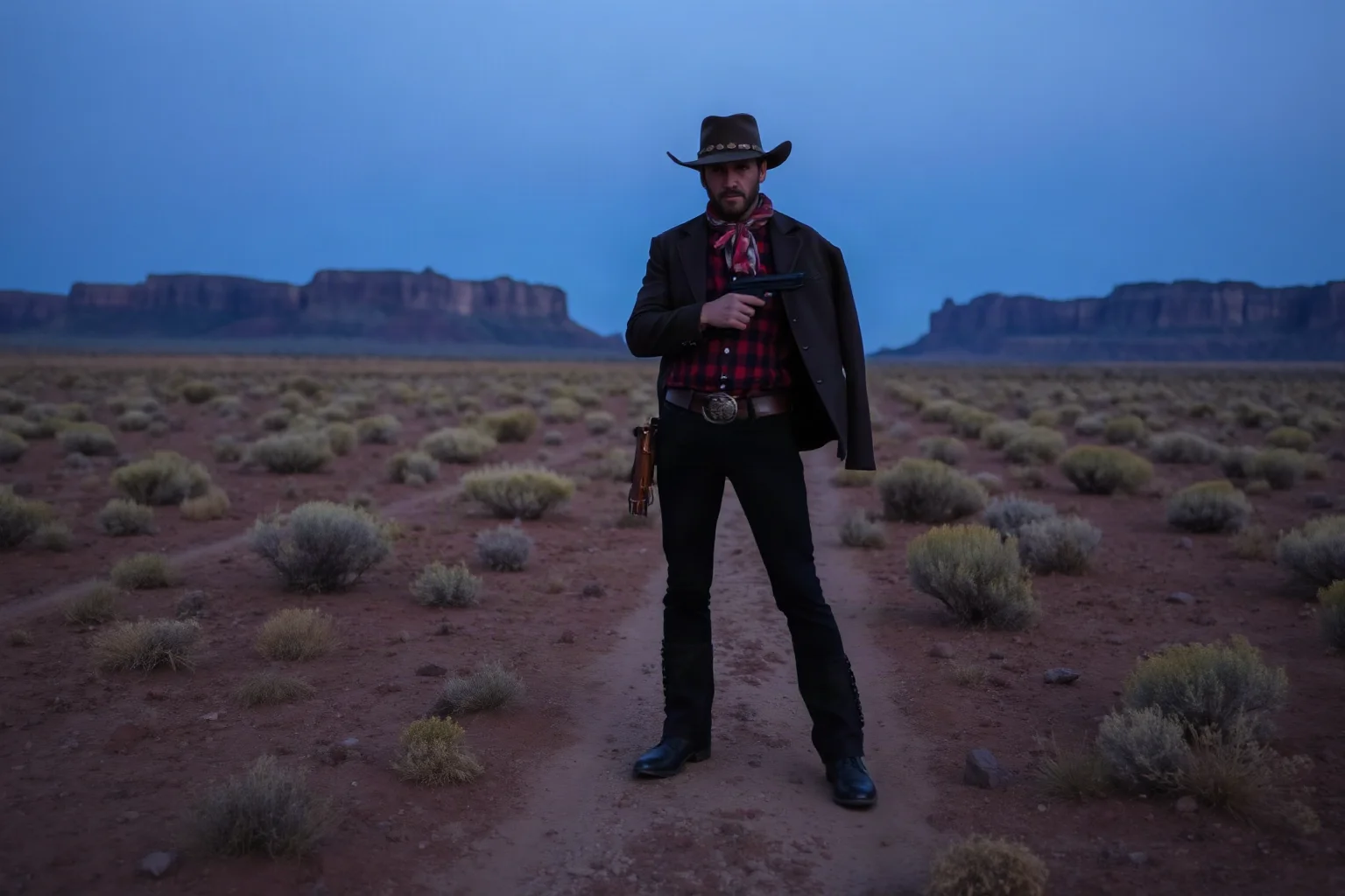 A grim hired gunman in cowboy attire standing alone on an empty Wyoming rangeland
