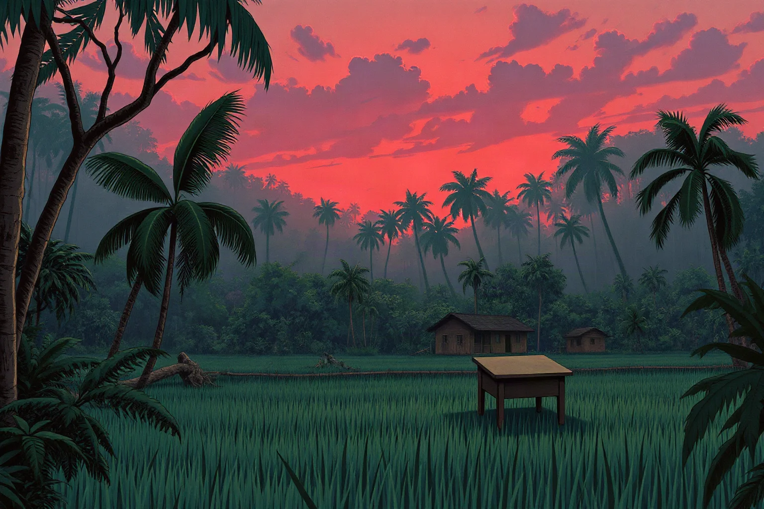 A grim illustrated jungle and rice-field scene with an abandoned classroom, evoking 1970s Southeast Asia under an oppressive regime